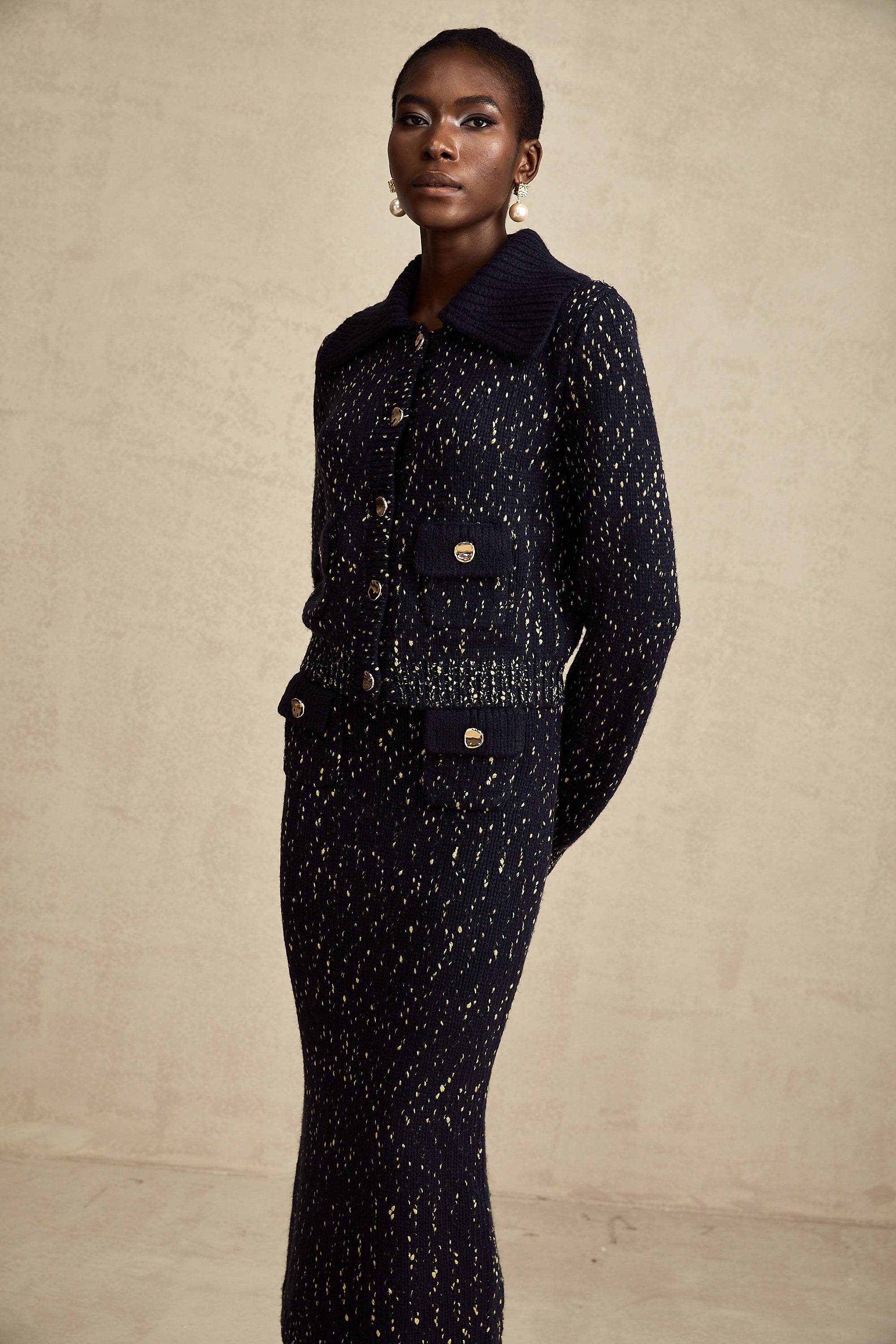 Claudine navy crochet-knit jacket & skirt matching set