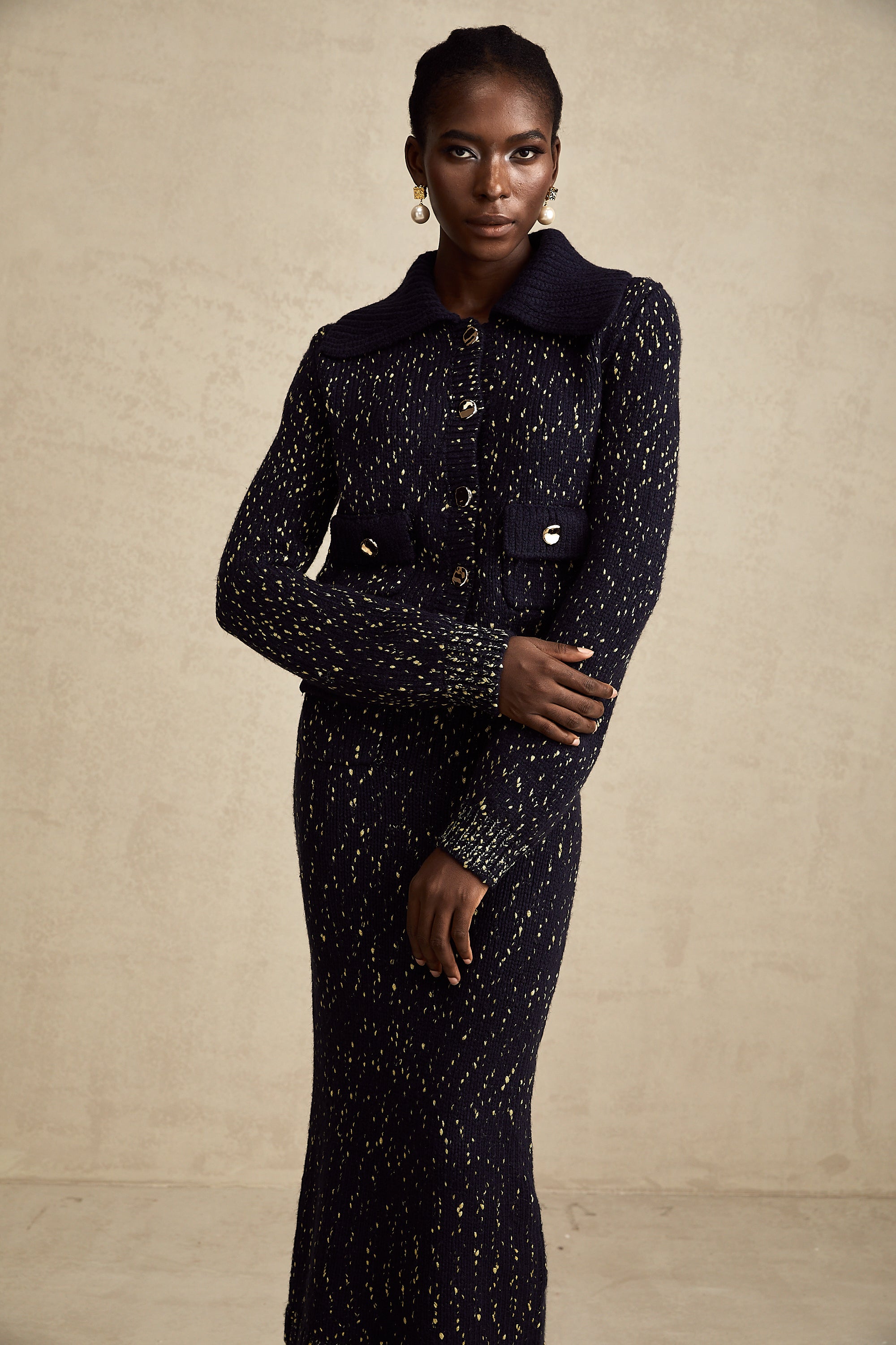 Claudine navy crochet-knit jacket & skirt matching set