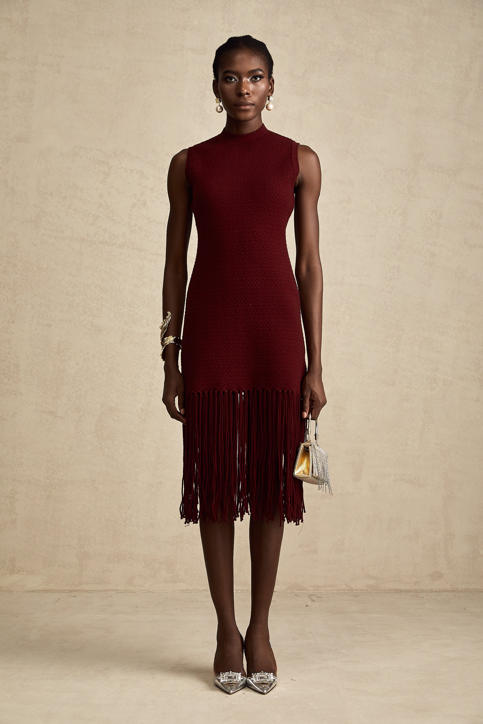 Céline red fringe-detail knitted midi dress