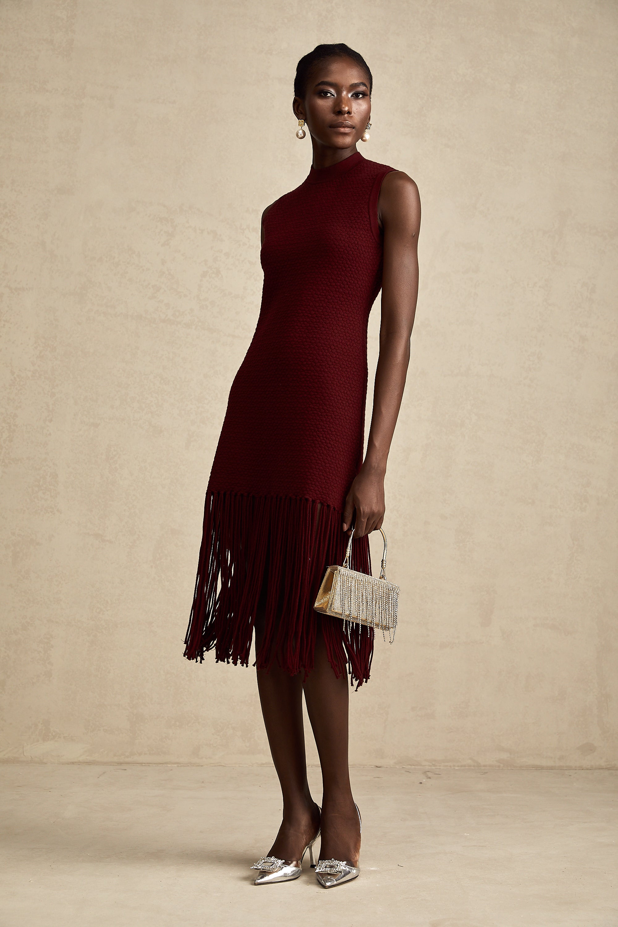 Céline red fringe-detail knitted midi dress