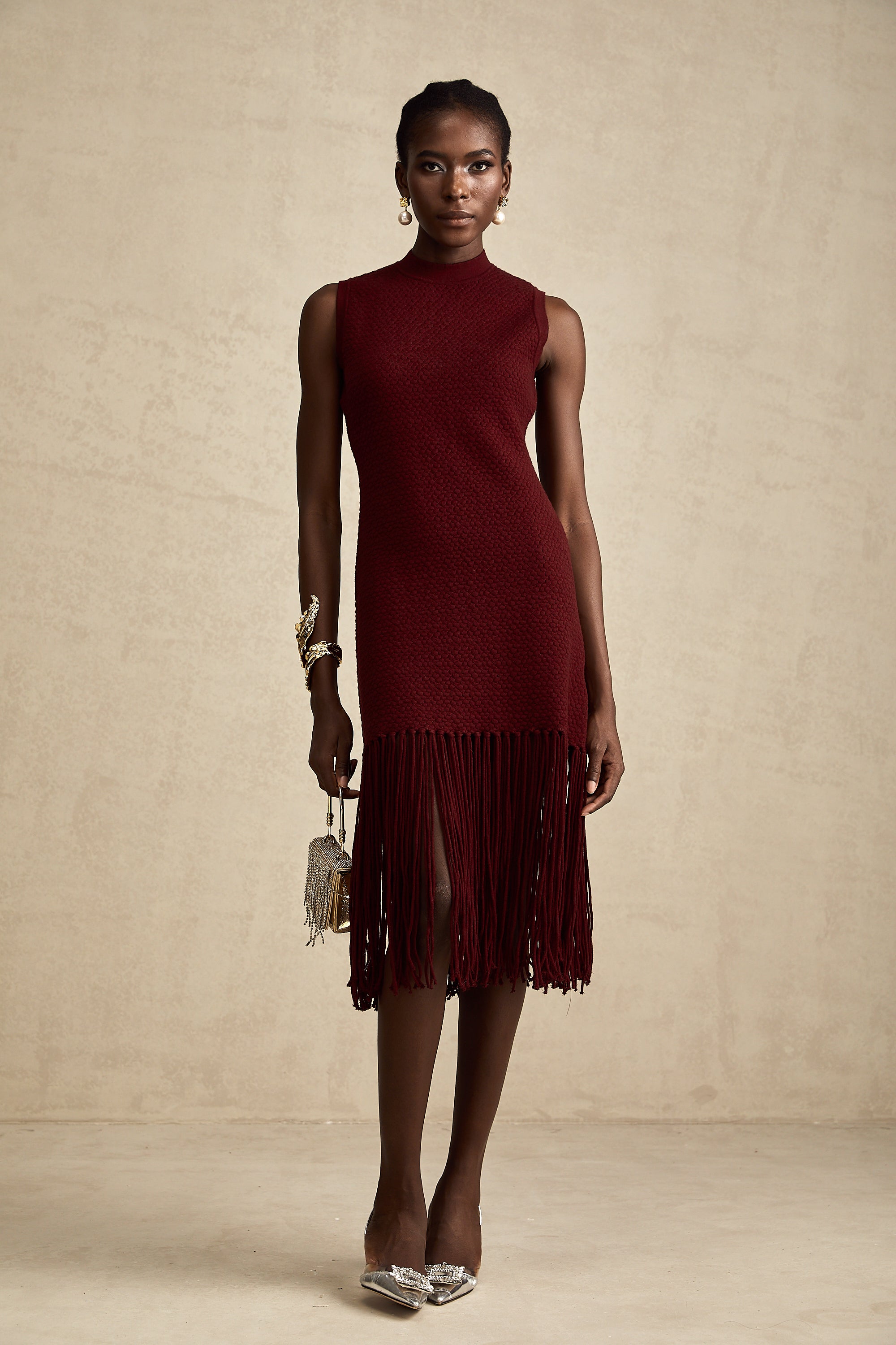 Céline red fringe-detail knitted midi dress