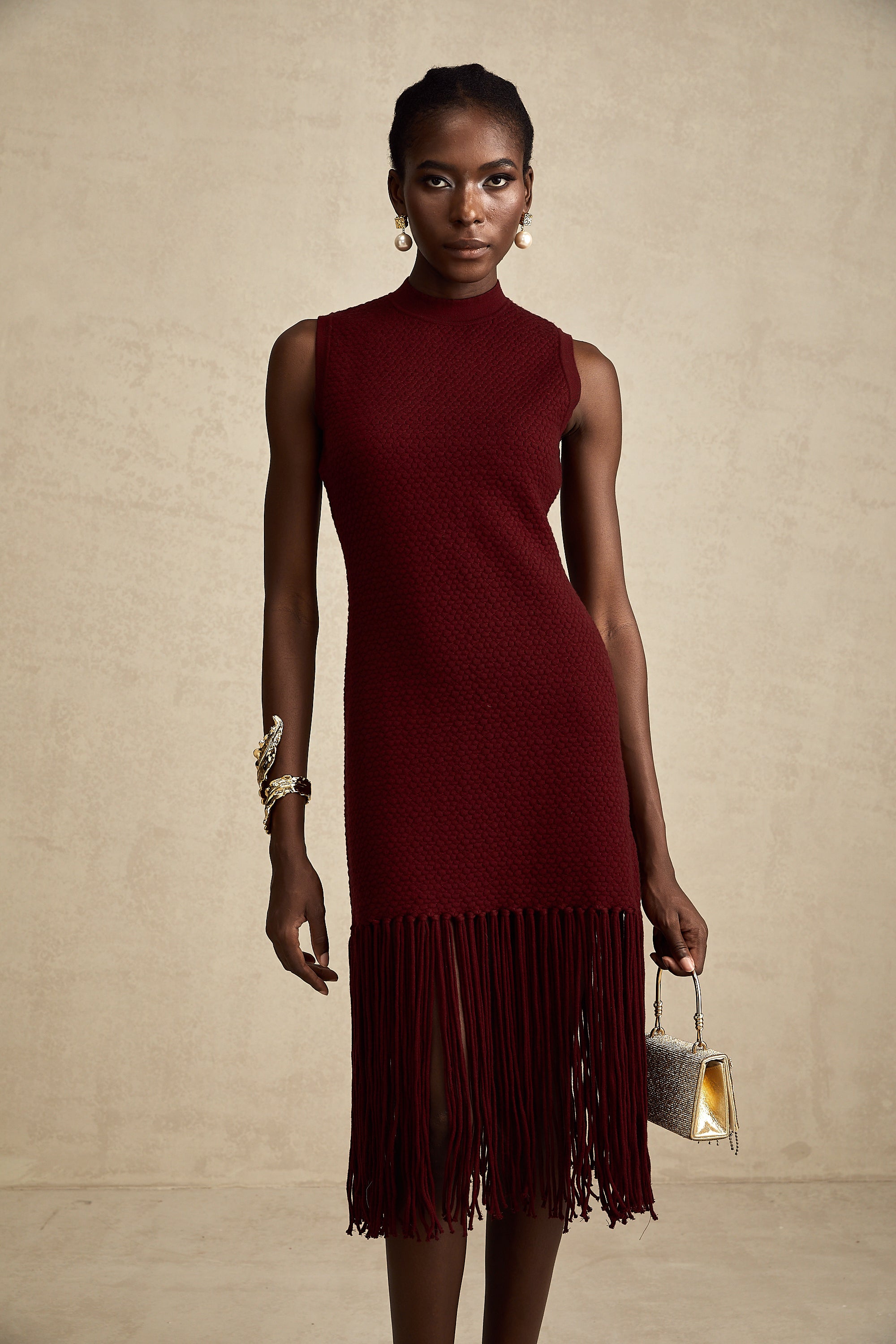 Céline red fringe-detail knitted midi dress