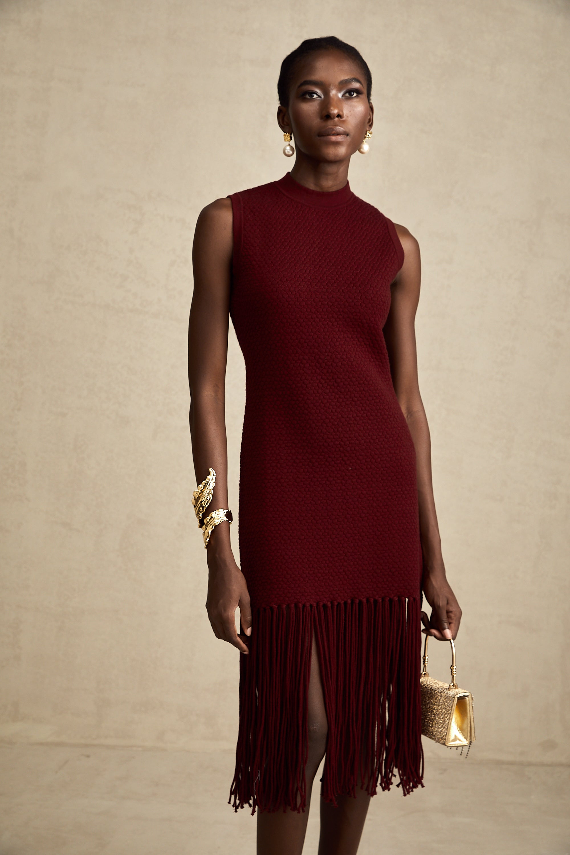 Céline red fringe-detail knitted midi dress