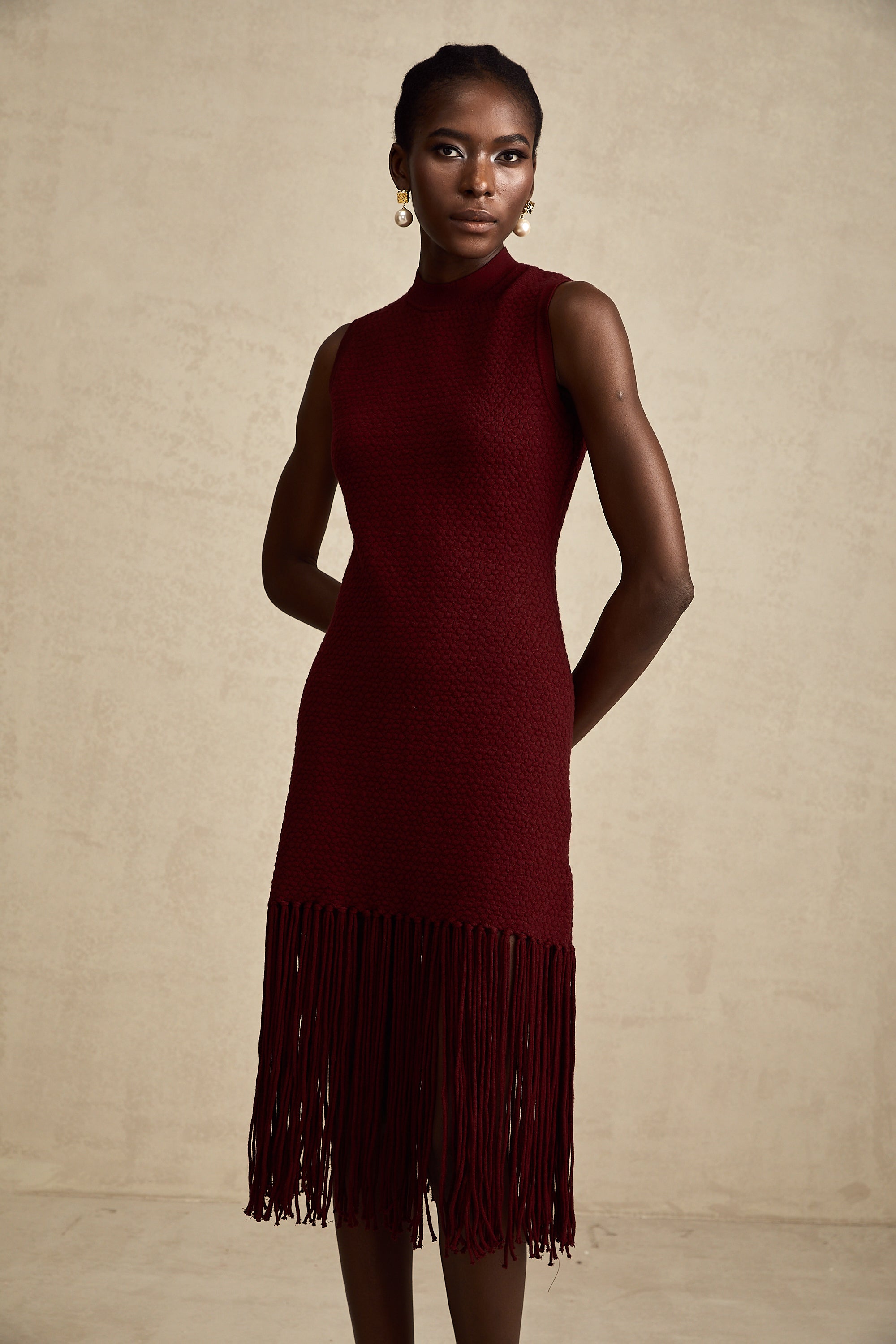 Céline red fringe-detail knitted midi dress