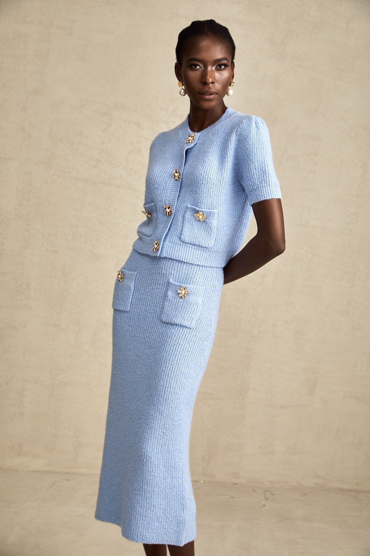Beau Blue Contrast Trim Textured Crewneck Top and Pocketed Skirt Set main image 1