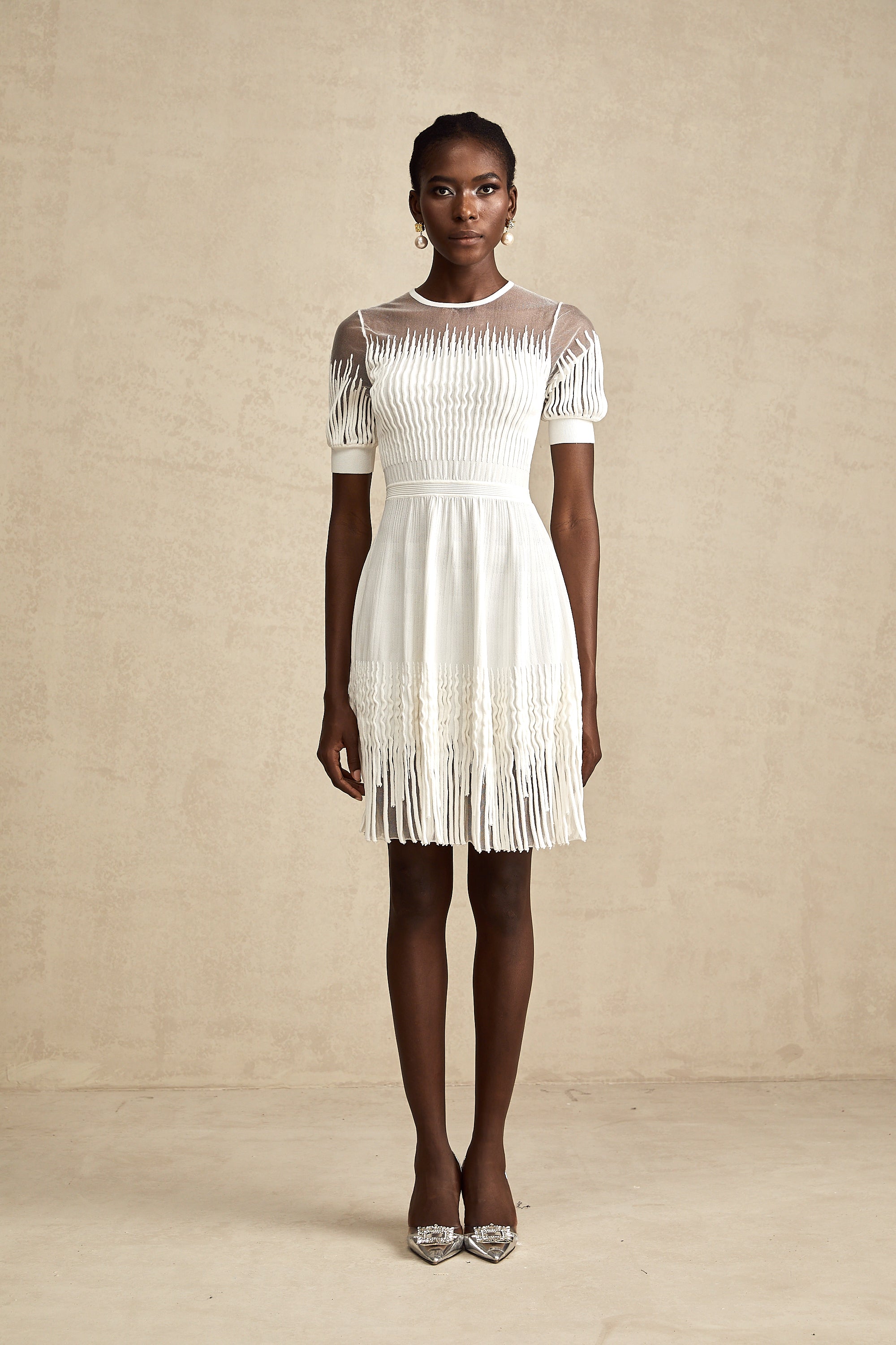 Juliette white fringe semi-sheer mini dress