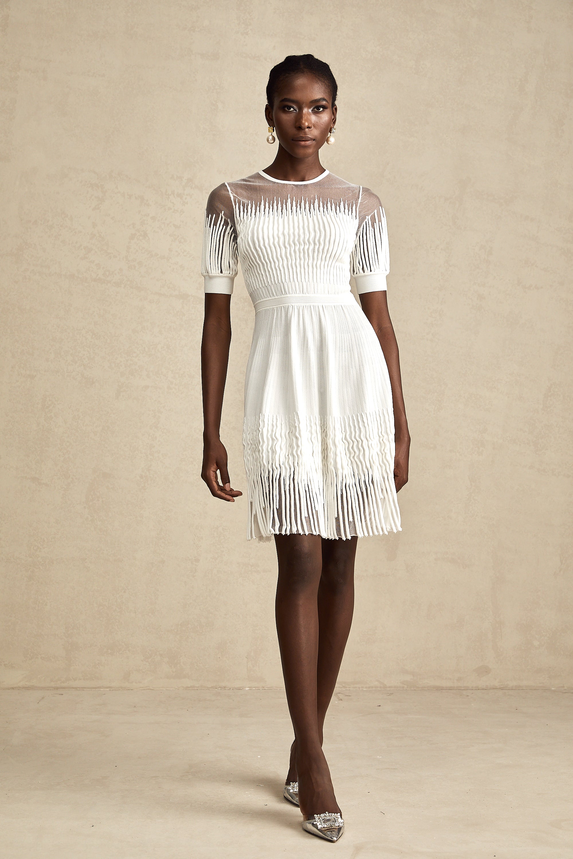 Juliette white fringe semi-sheer mini dress