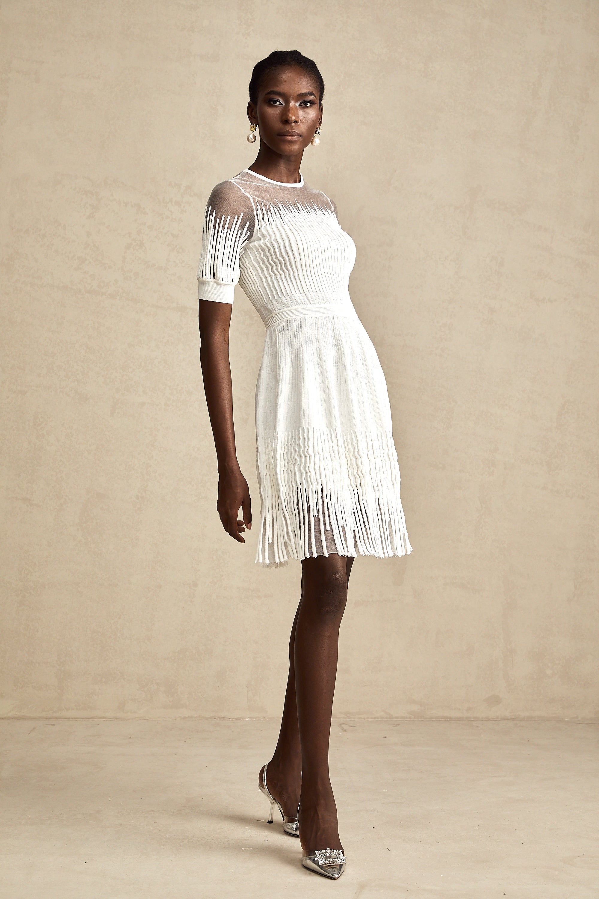 Juliette white fringe semi-sheer mini dress