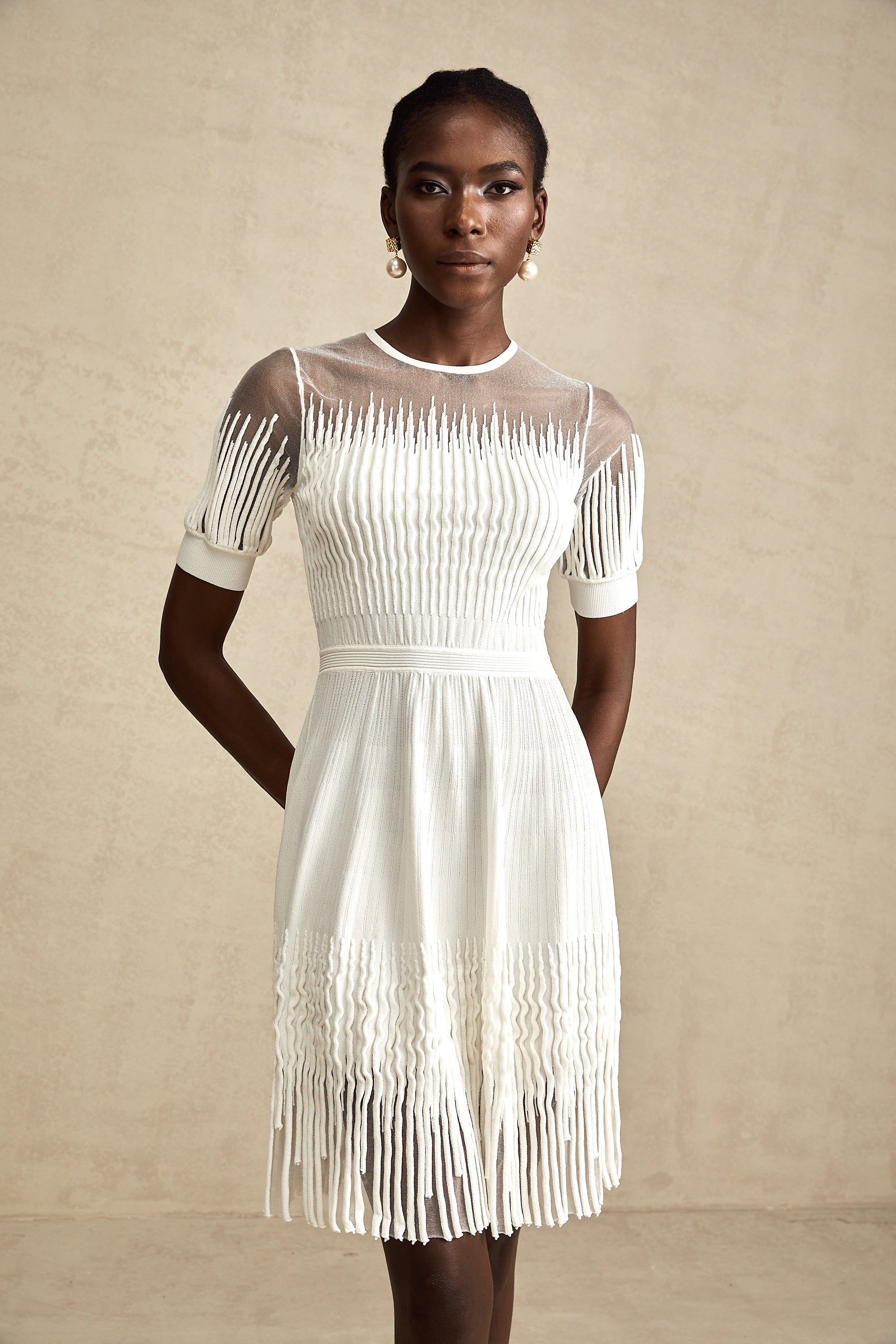 Juliette white fringe semi-sheer mini dress