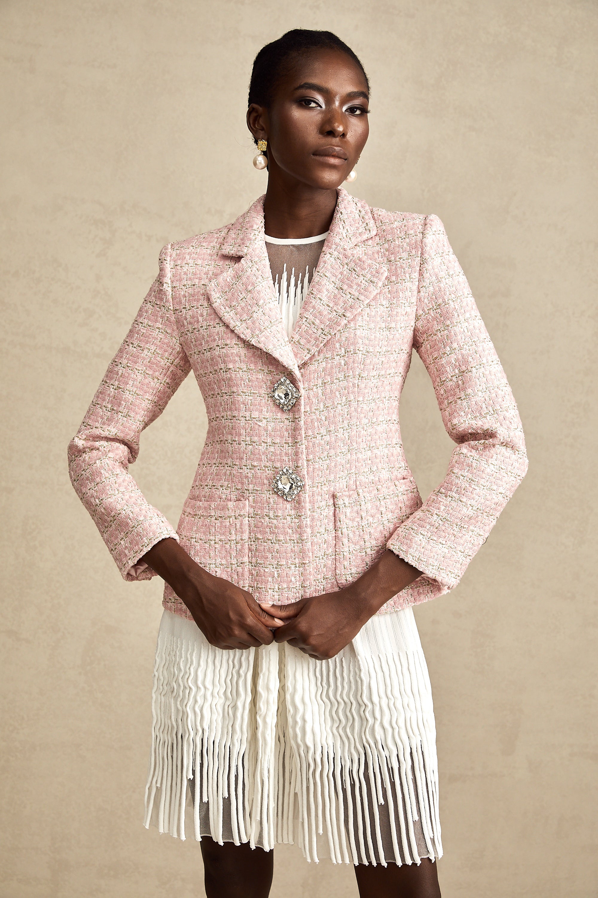 Hélène pink crystal checked tweed blazer