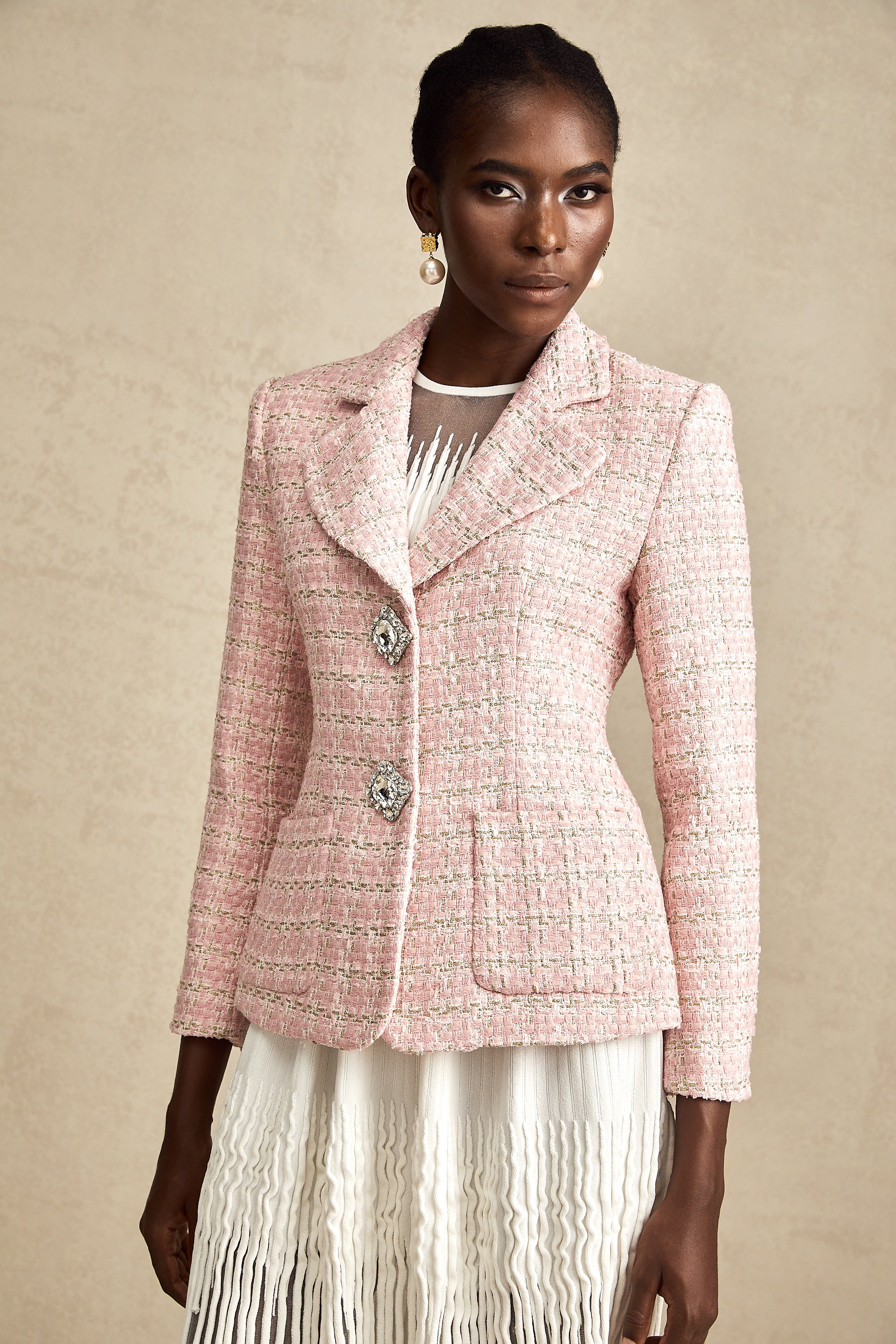 Hélène – Tweed-Blazer in Rosa mit Kristallkaro