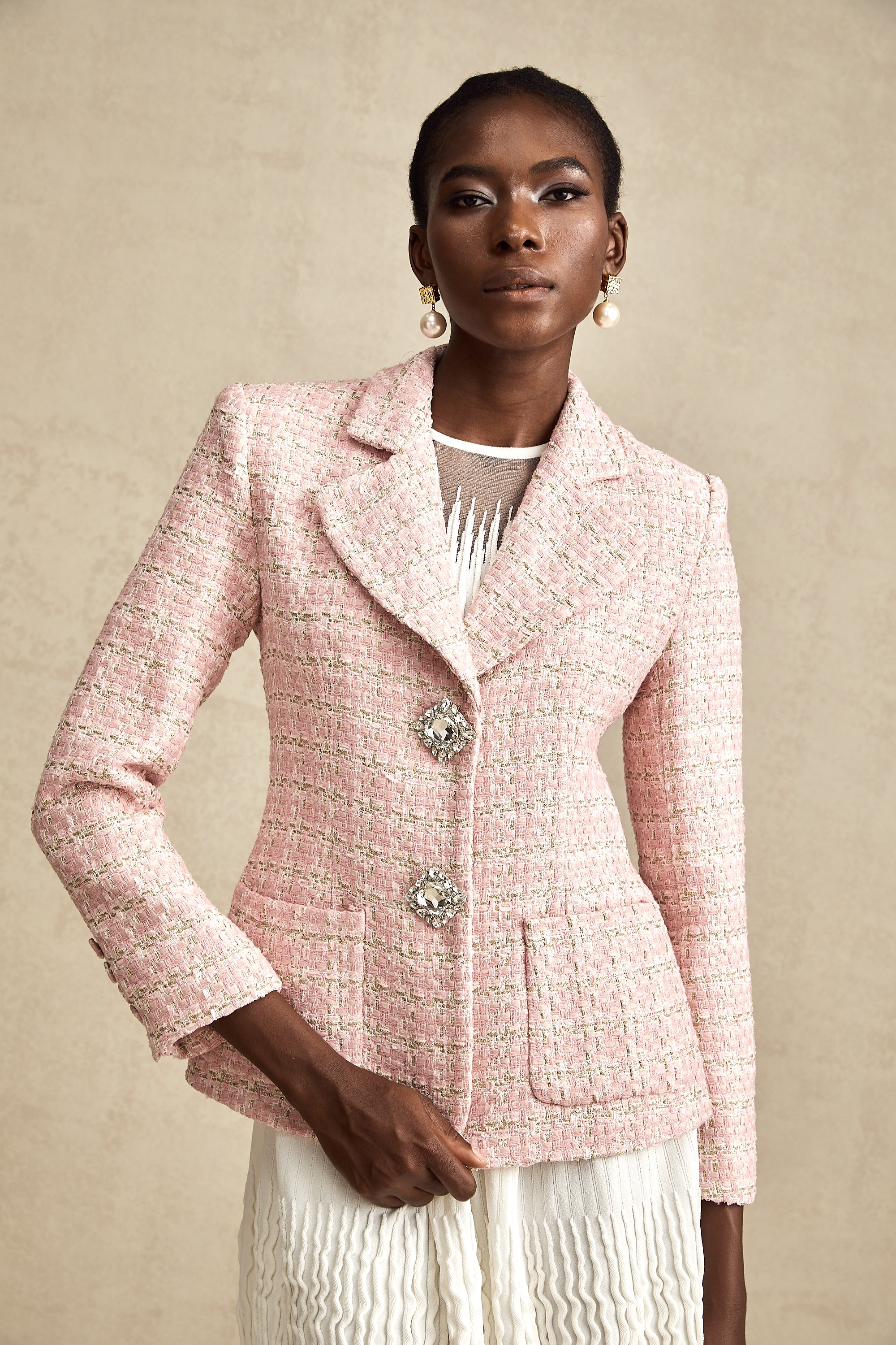 Hélène pink crystal checked tweed blazer