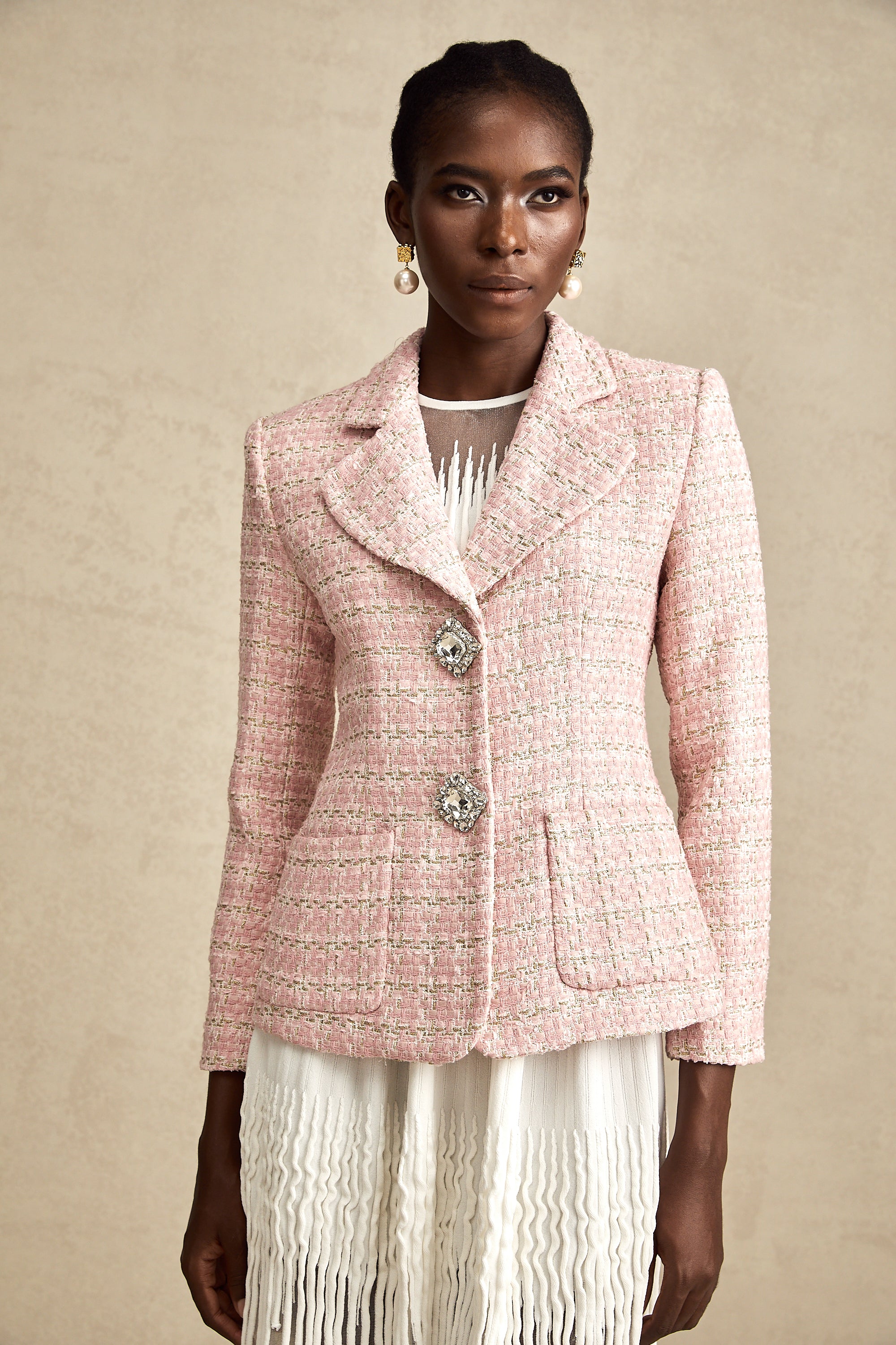 Hélène pink crystal checked tweed blazer