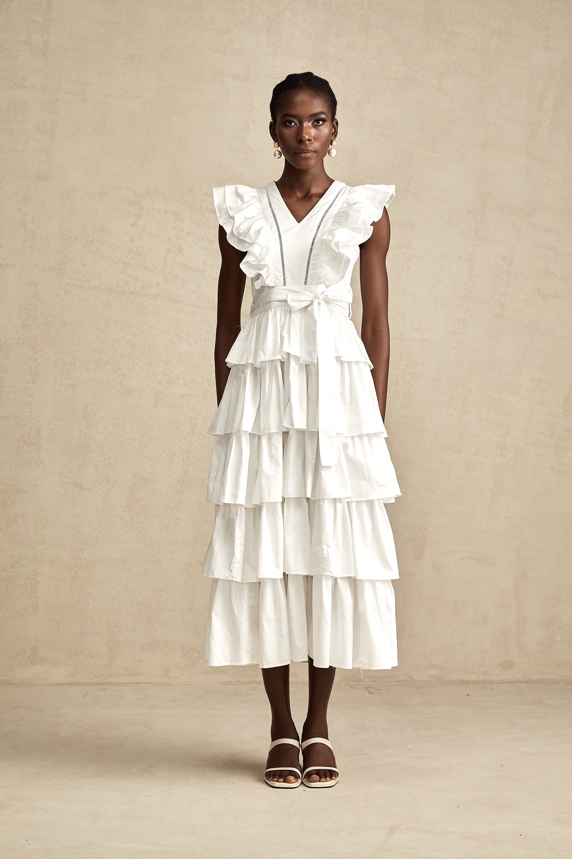 Catherine white ruffle-detailed tiered midi dress