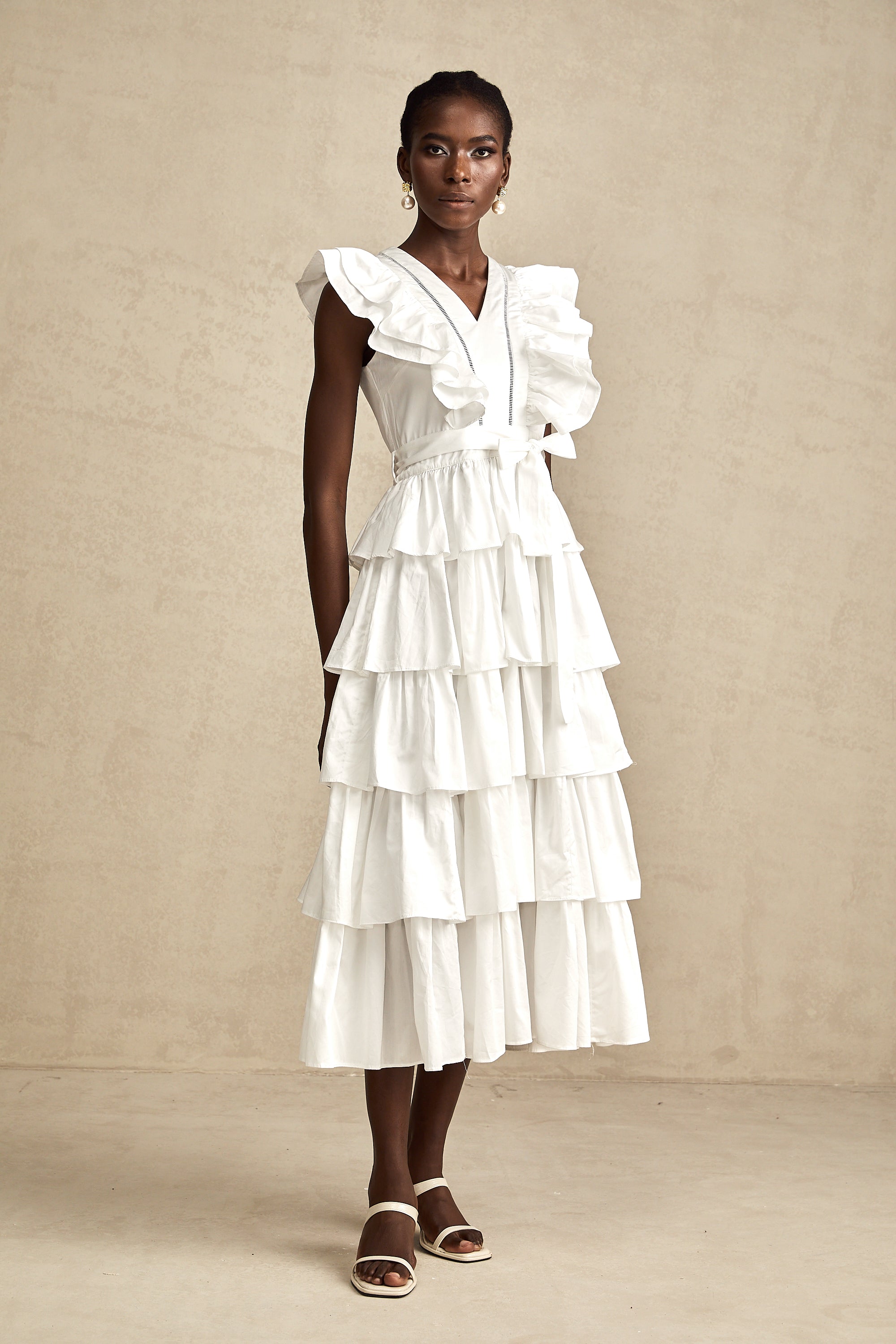 Catherine white ruffle-detailed tiered midi dress