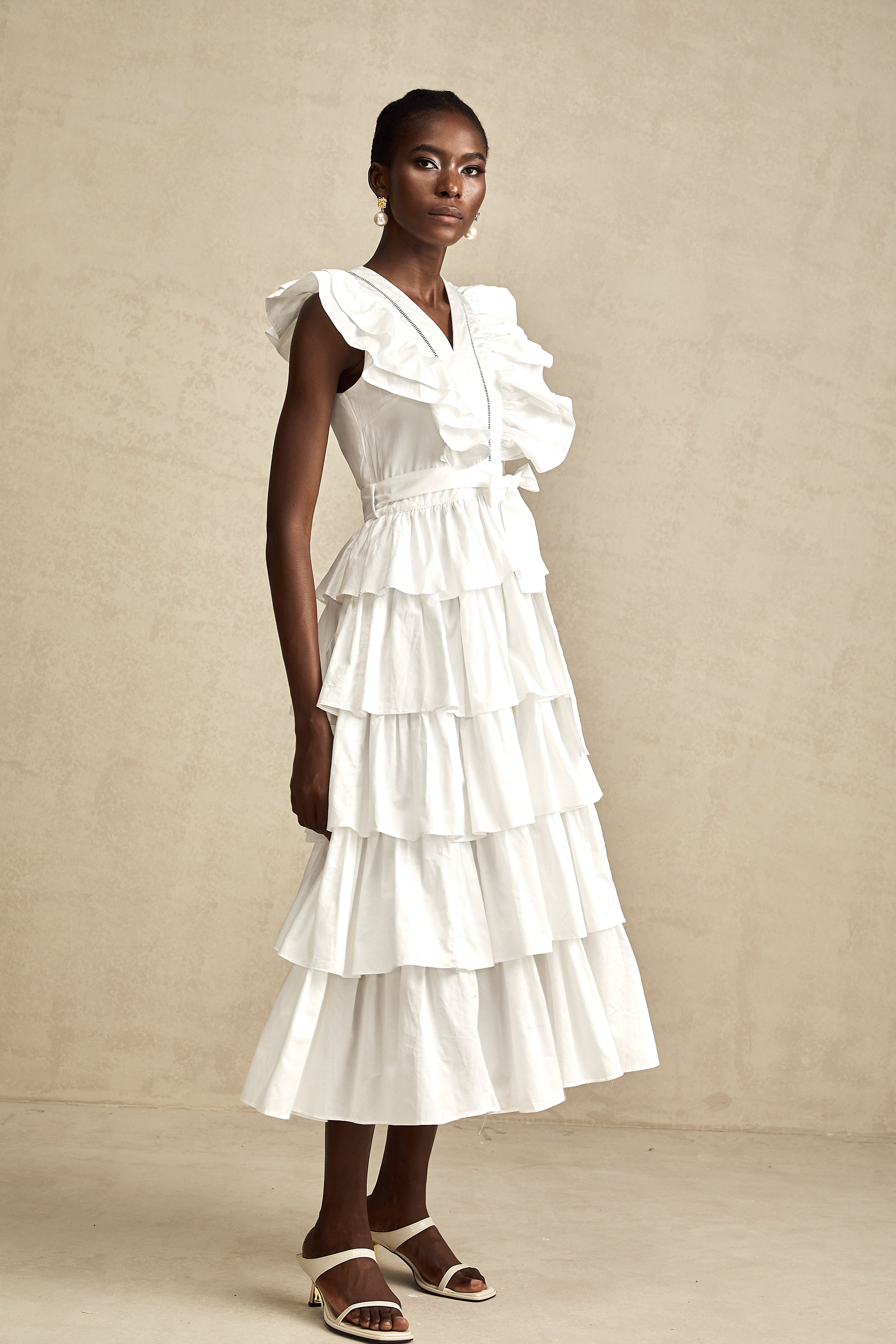 Catherine white ruffle-detailed tiered midi dress