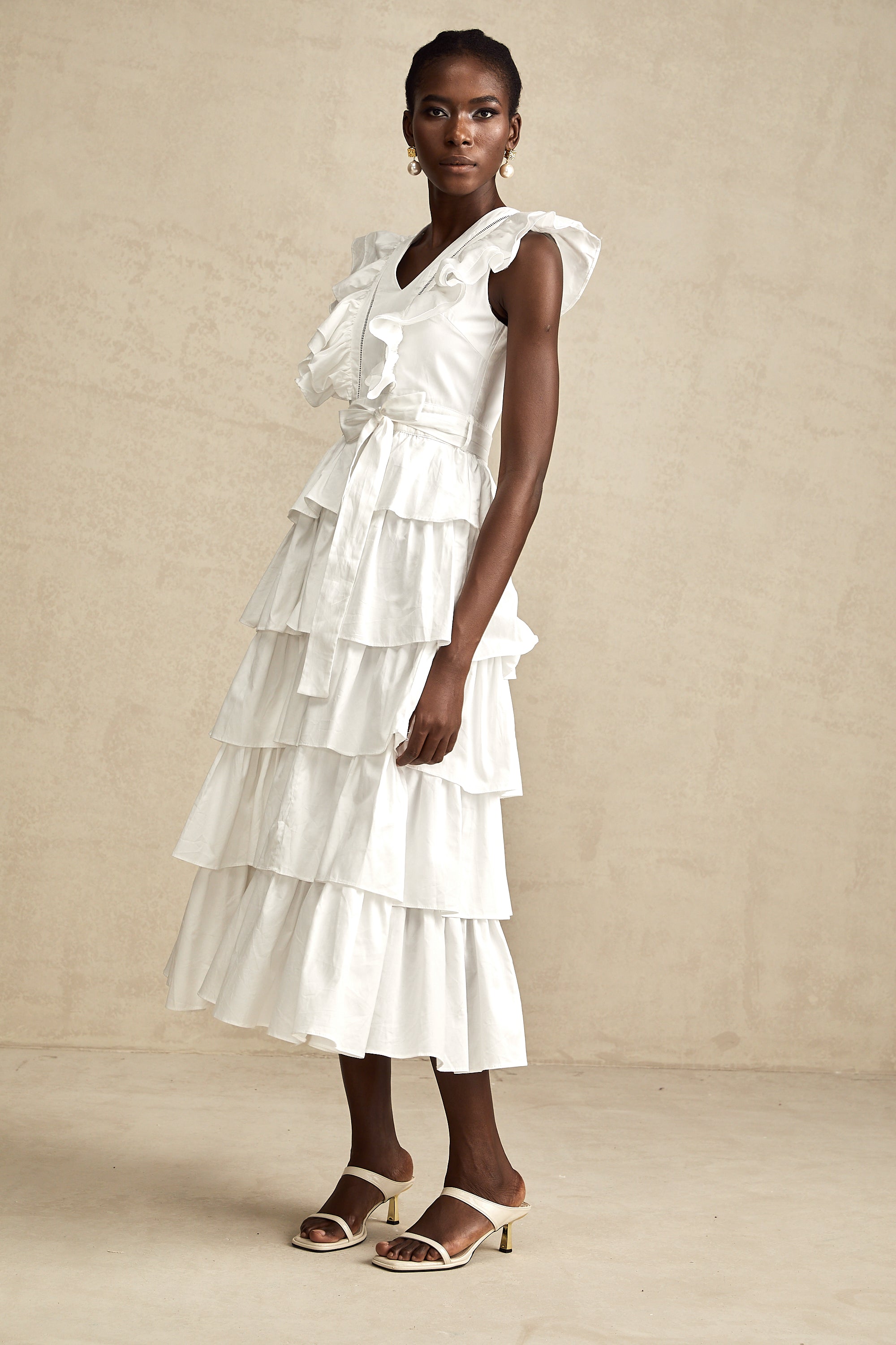 Catherine white ruffle-detailed tiered midi dress