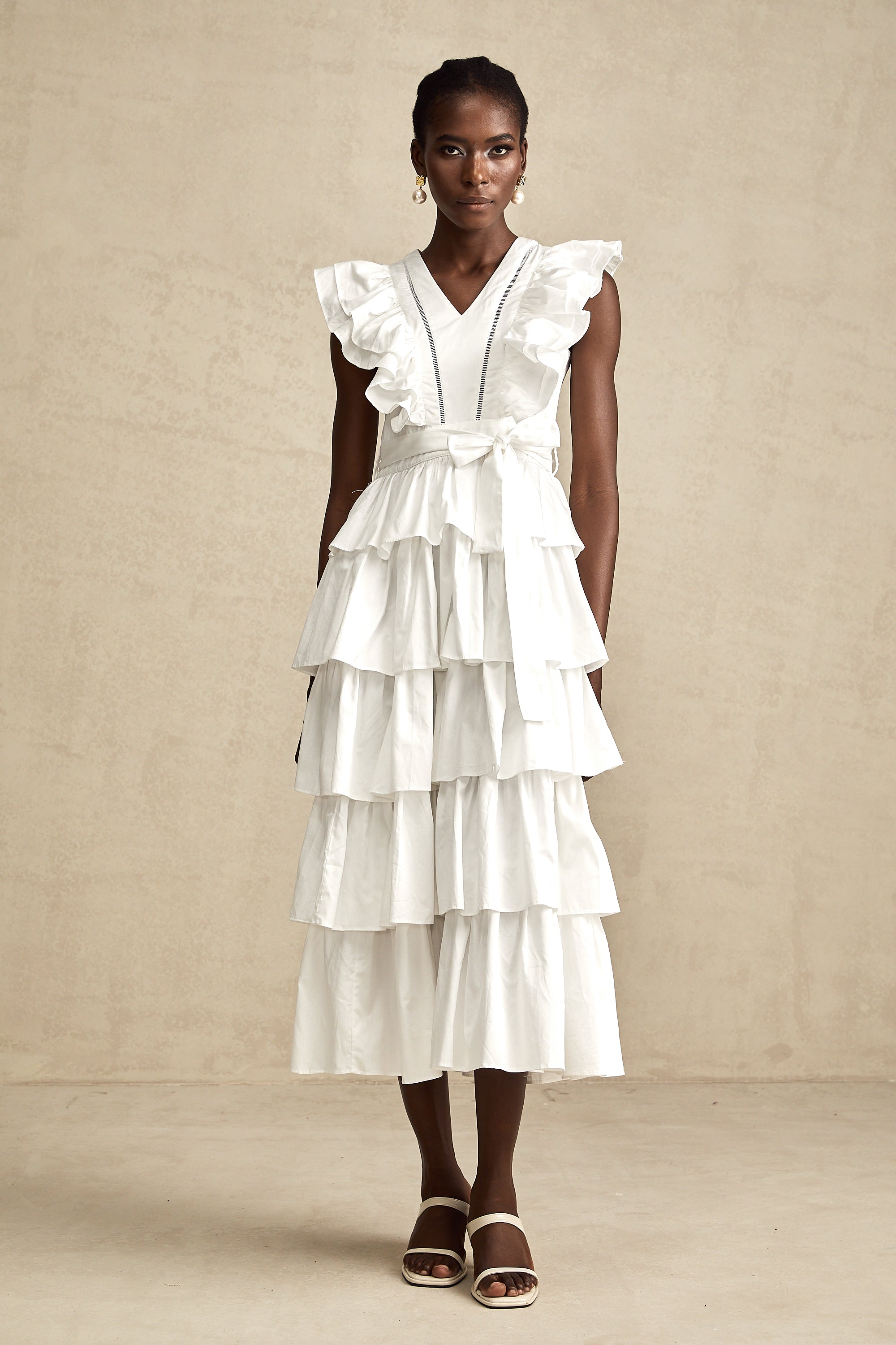 Catherine white ruffle-detailed tiered midi dress