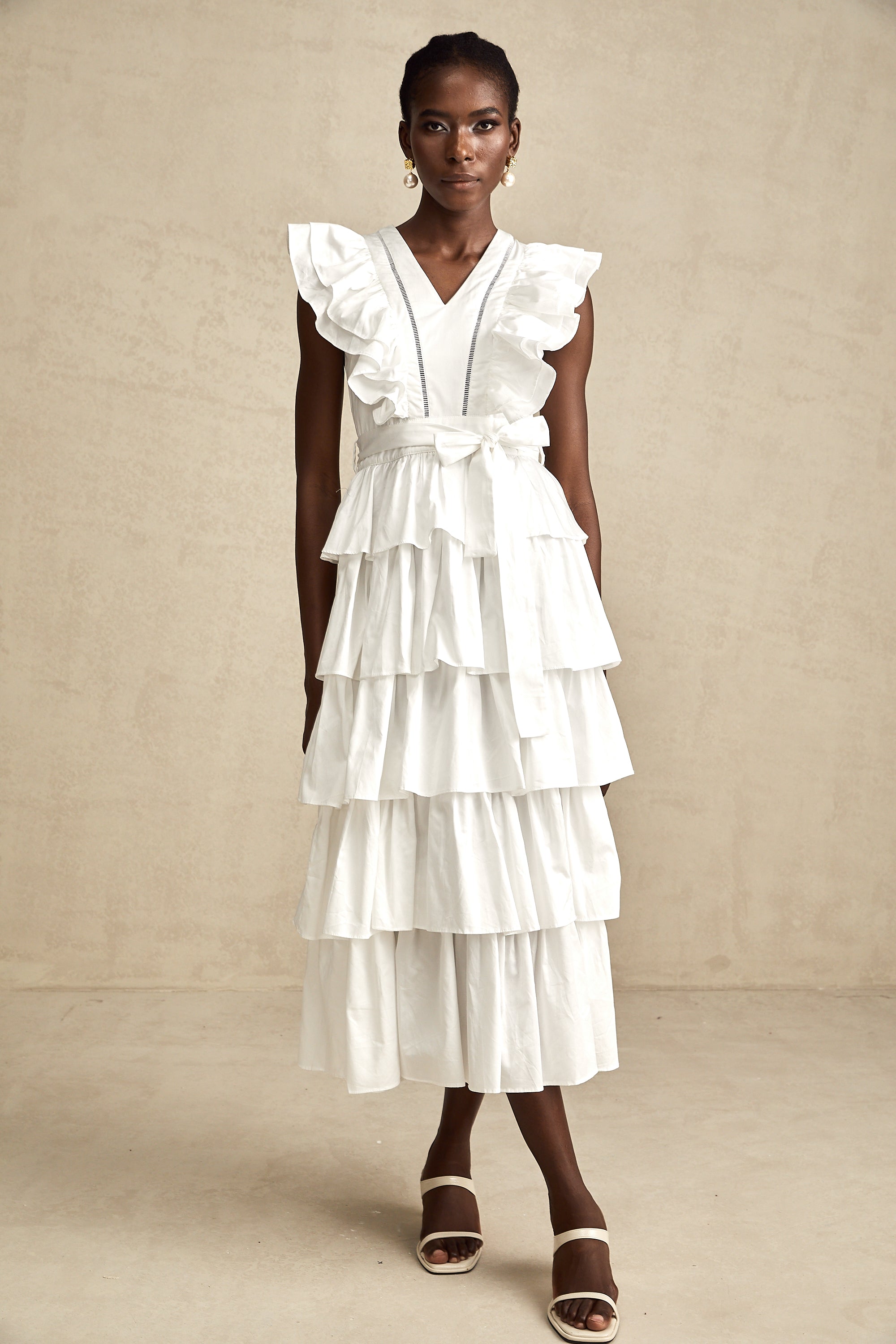 Catherine white ruffle-detailed tiered midi dress