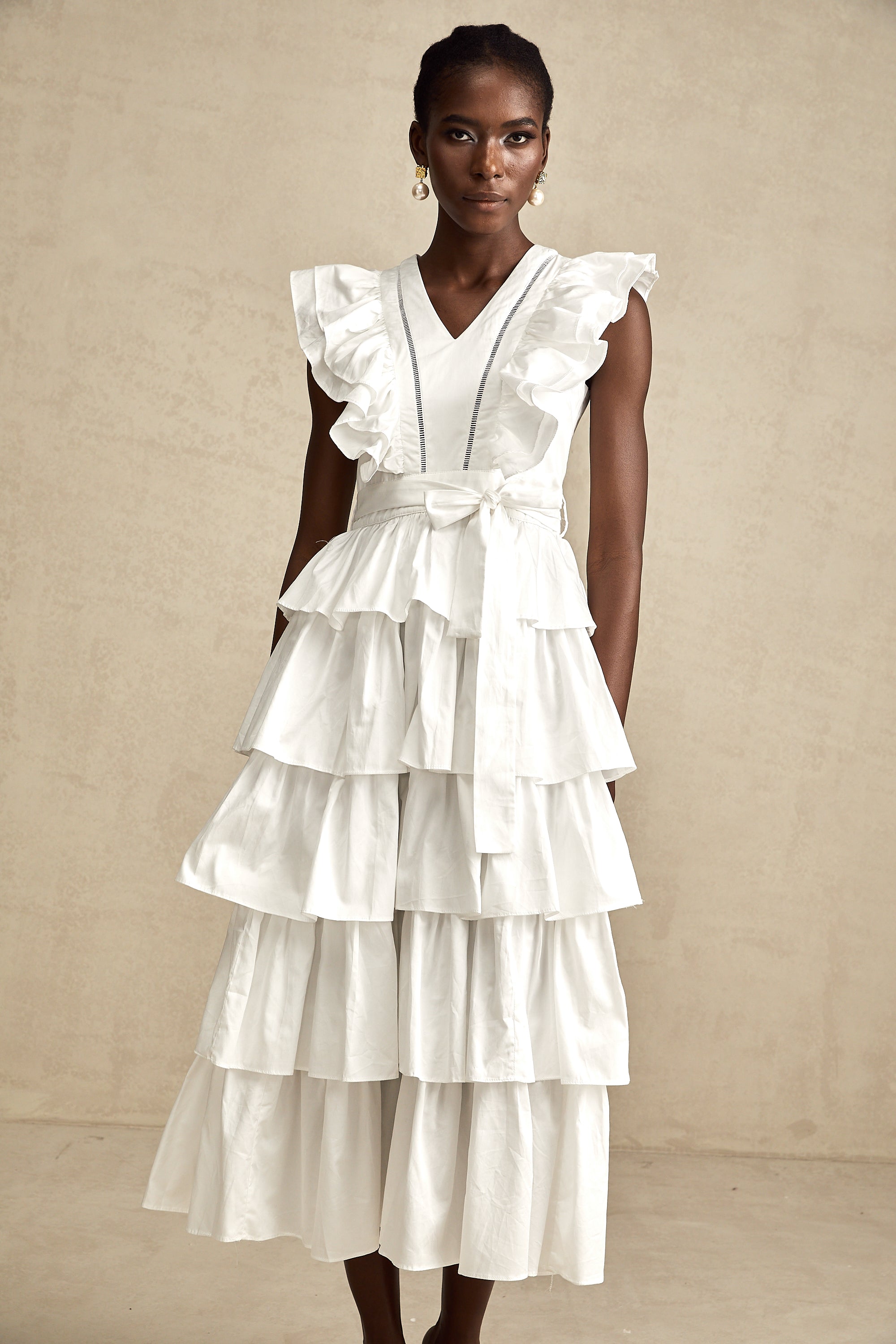 Catherine white ruffle-detailed tiered midi dress