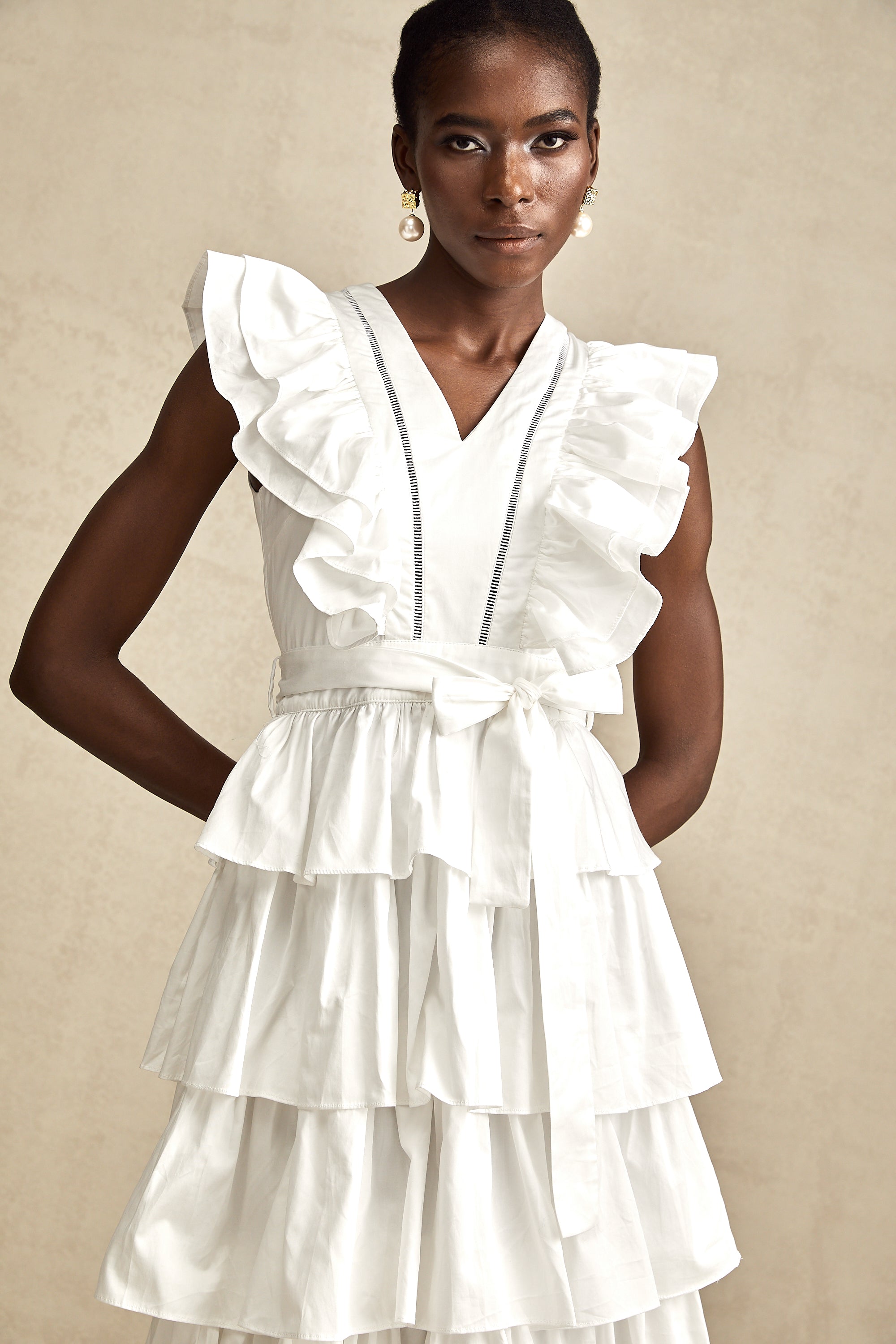 Catherine white ruffle-detailed tiered midi dress