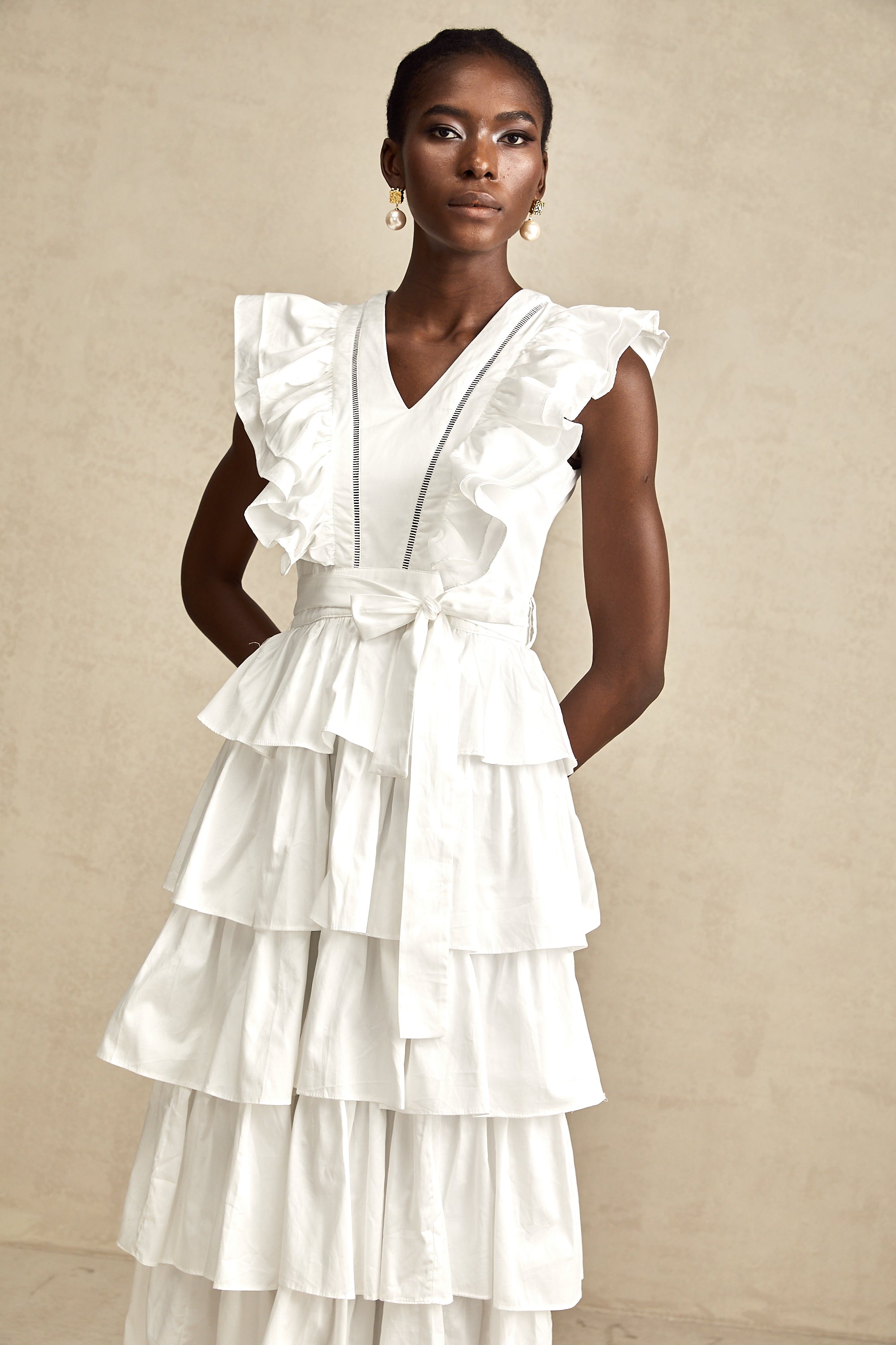 Catherine white ruffle-detailed tiered midi dress