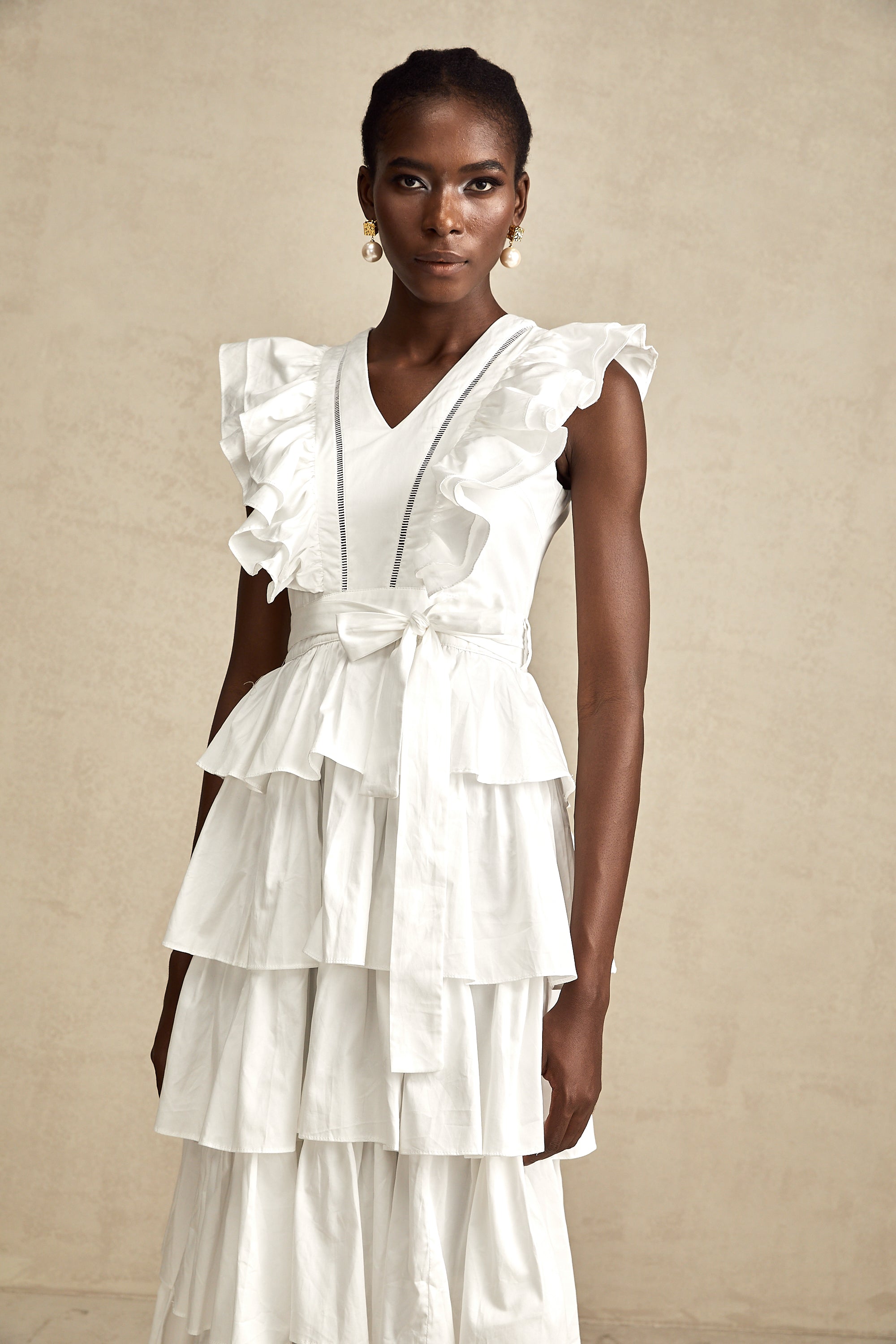 Catherine white ruffle-detailed tiered midi dress