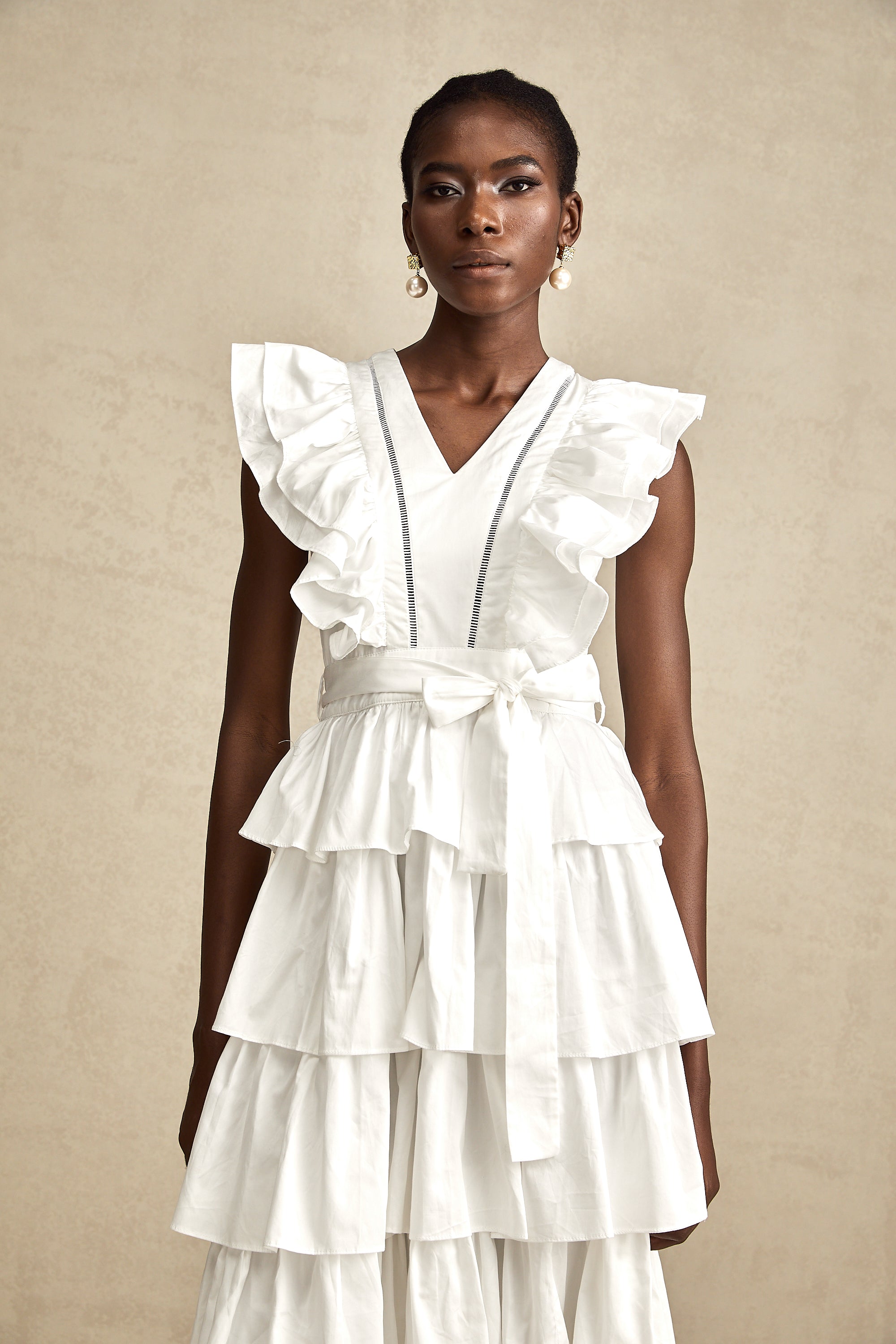 Catherine white ruffle-detailed tiered midi dress