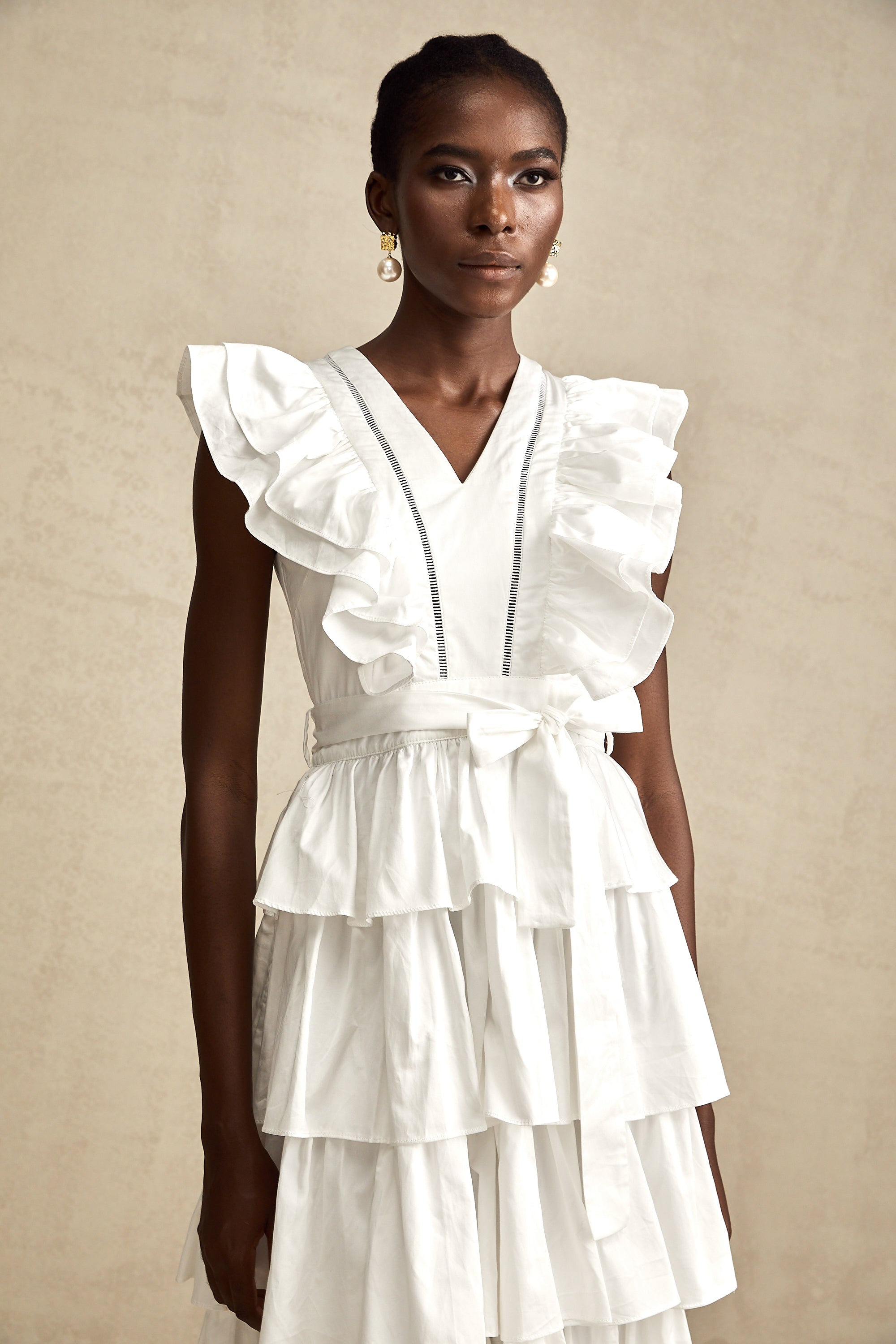 Catherine white ruffle-detailed tiered midi dress