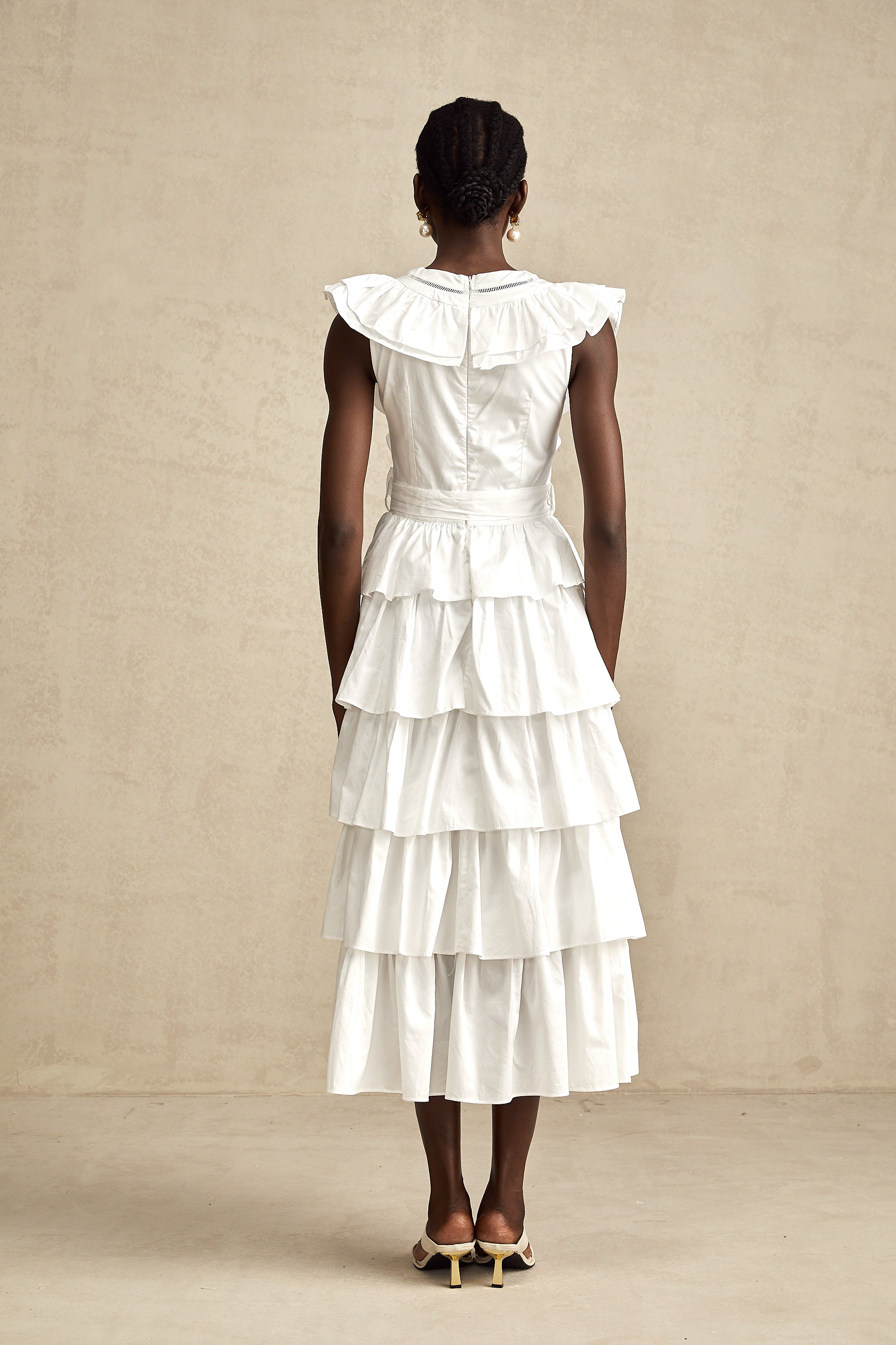 Catherine white ruffle-detailed tiered midi dress