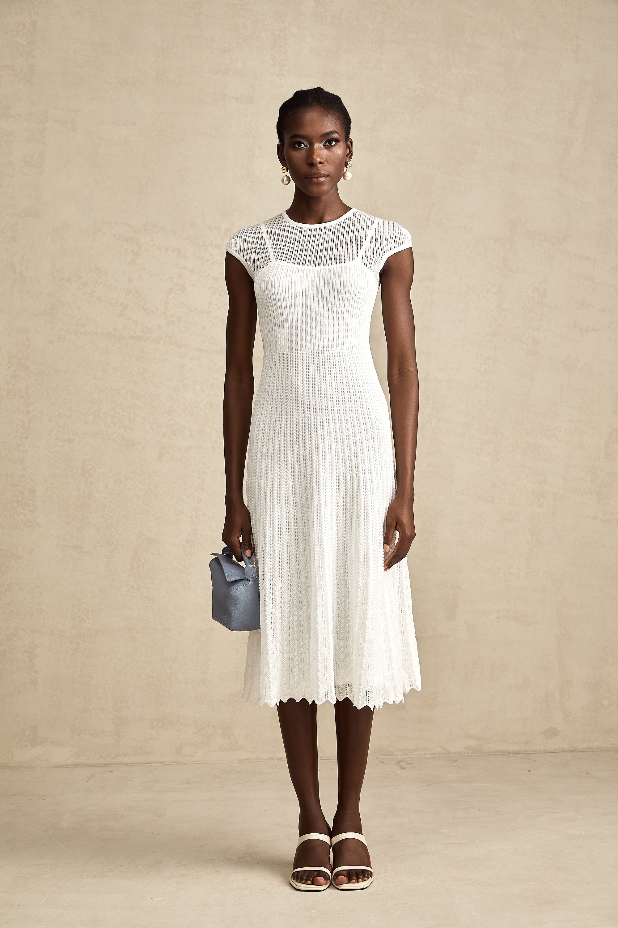 Liane white scallop-hem semi-sheer midi dress