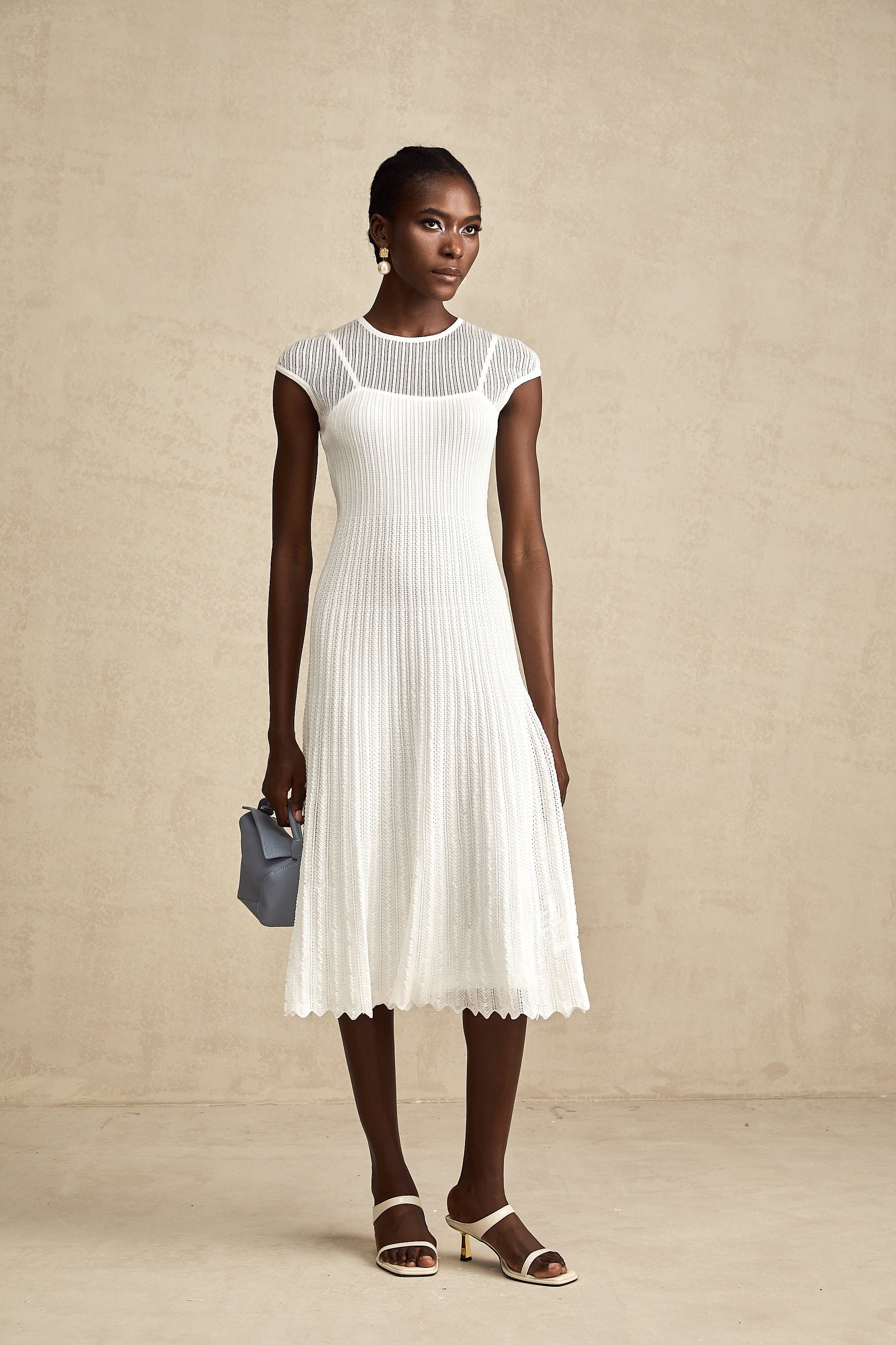 Liane white scallop-hem semi-sheer midi dress