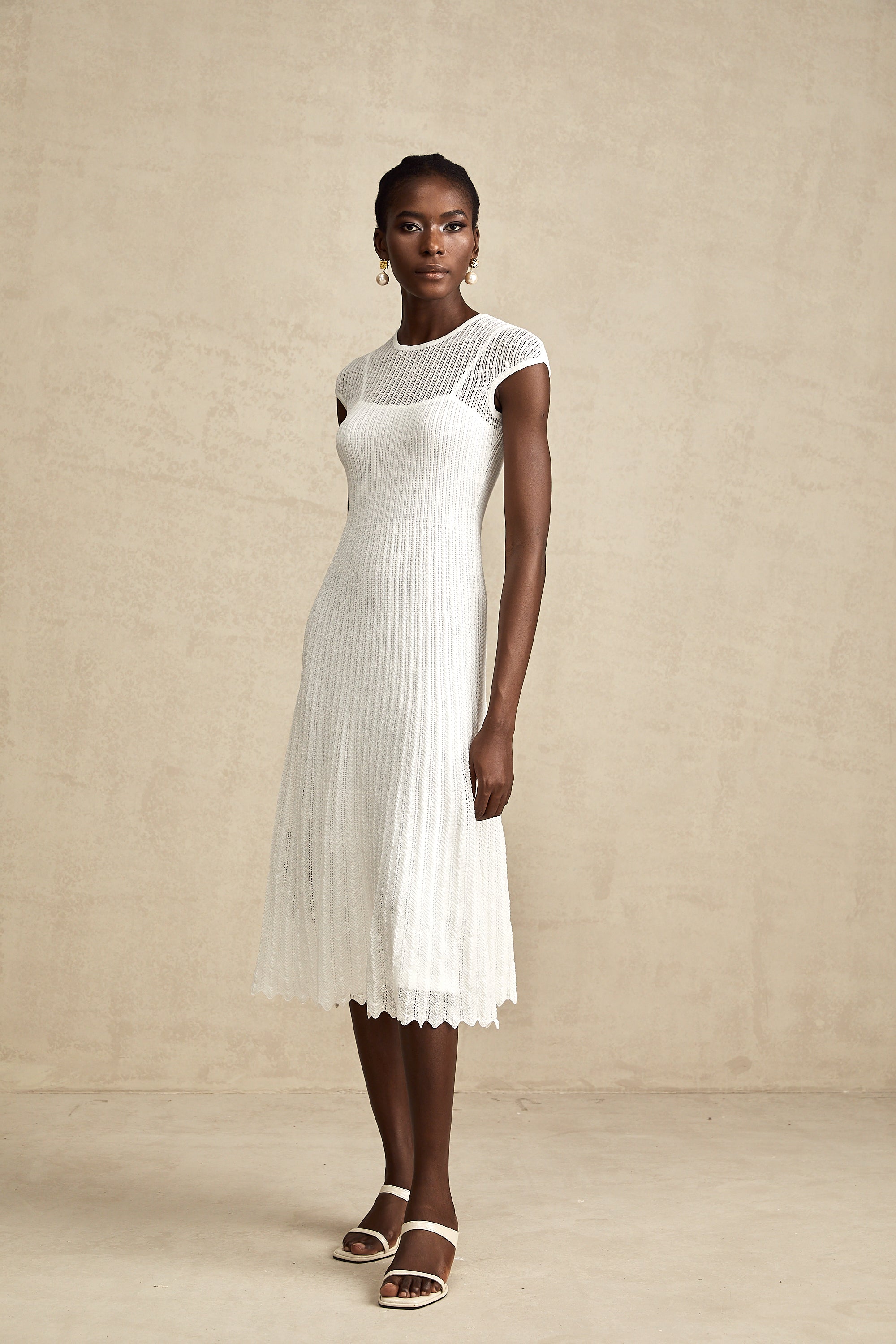 Liane white scallop-hem semi-sheer midi dress