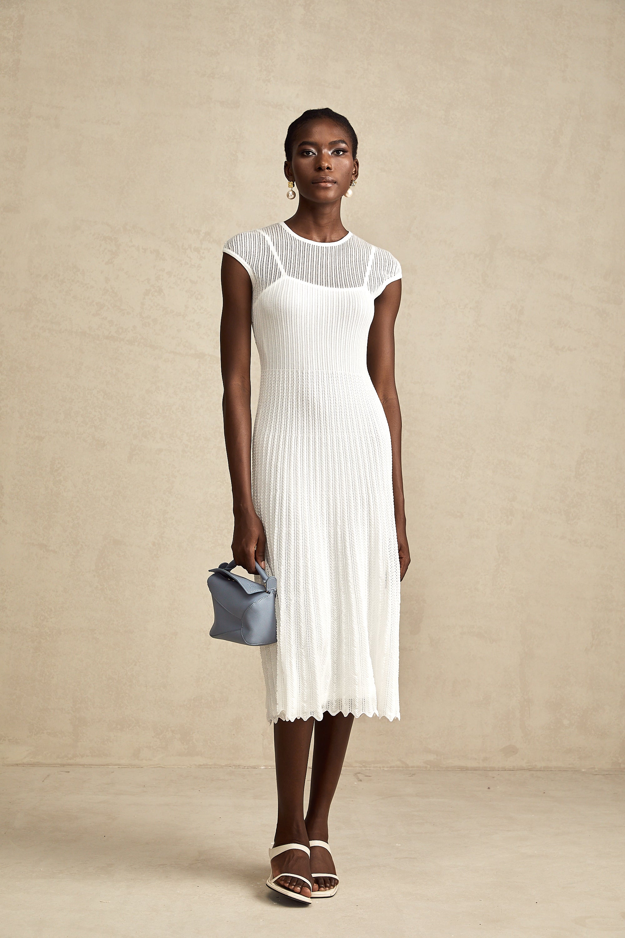 Liane white scallop-hem semi-sheer midi dress