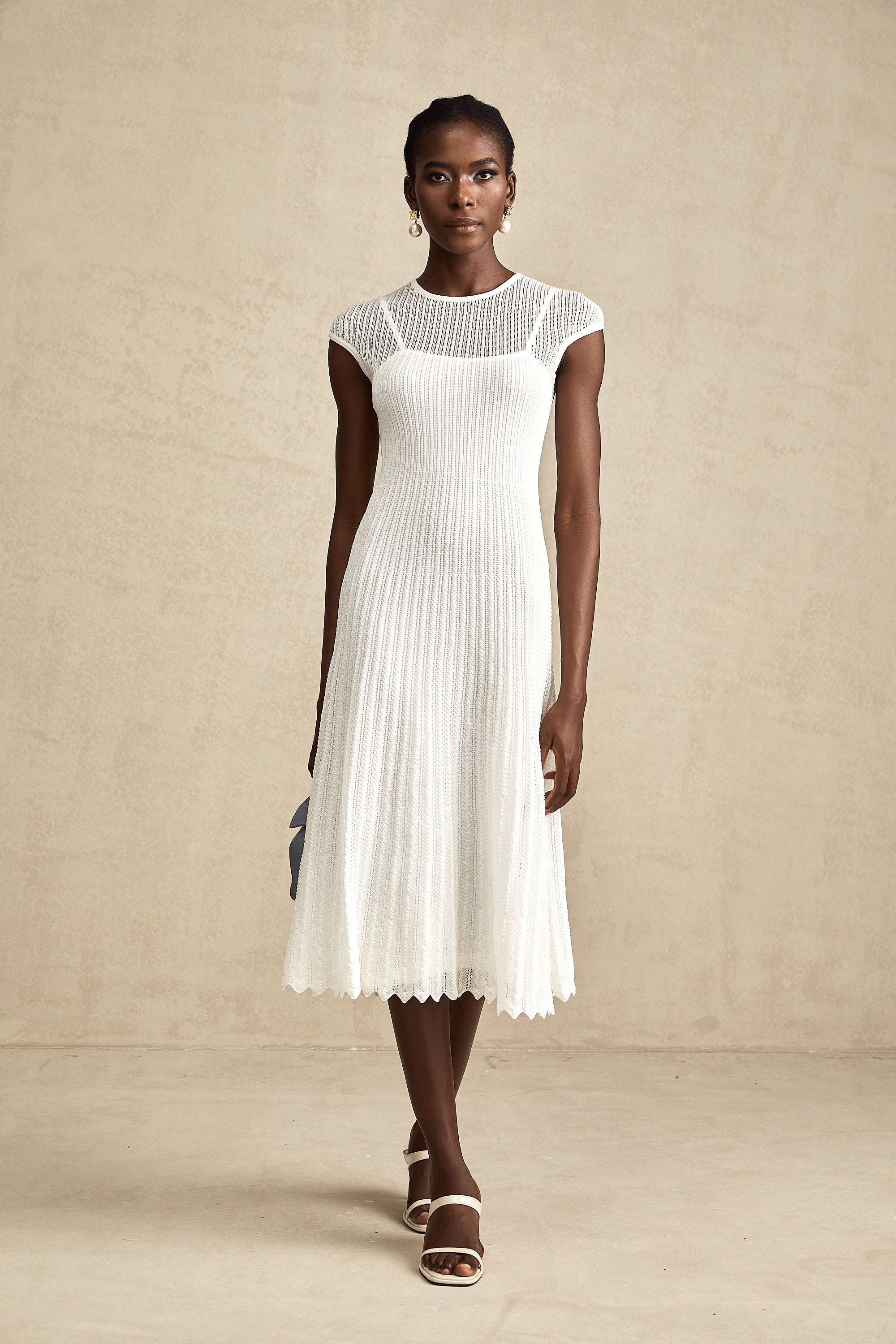 Liane white scallop-hem semi-sheer midi dress