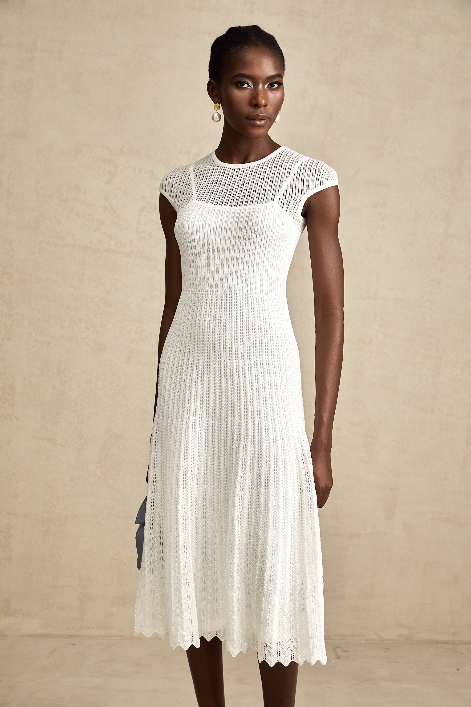 Liane white scallop-hem semi-sheer midi dress