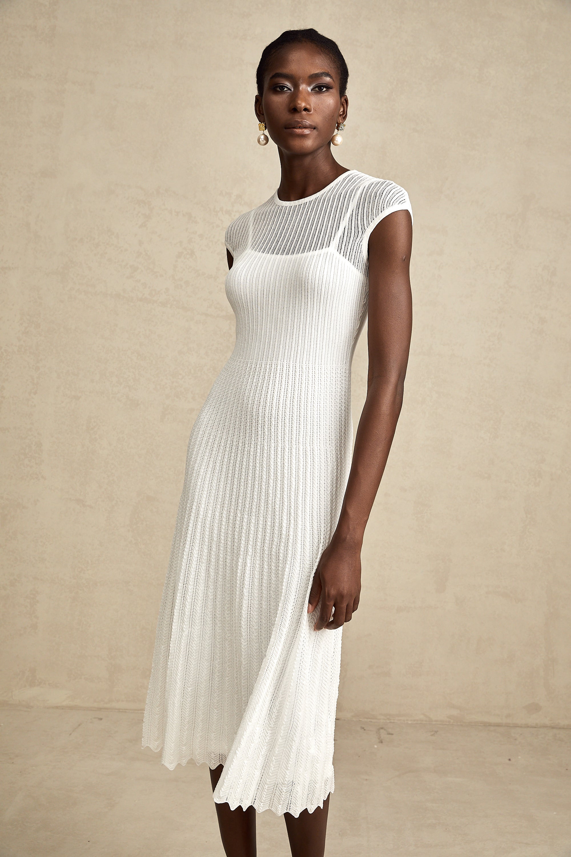 Liane white scallop-hem semi-sheer midi dress