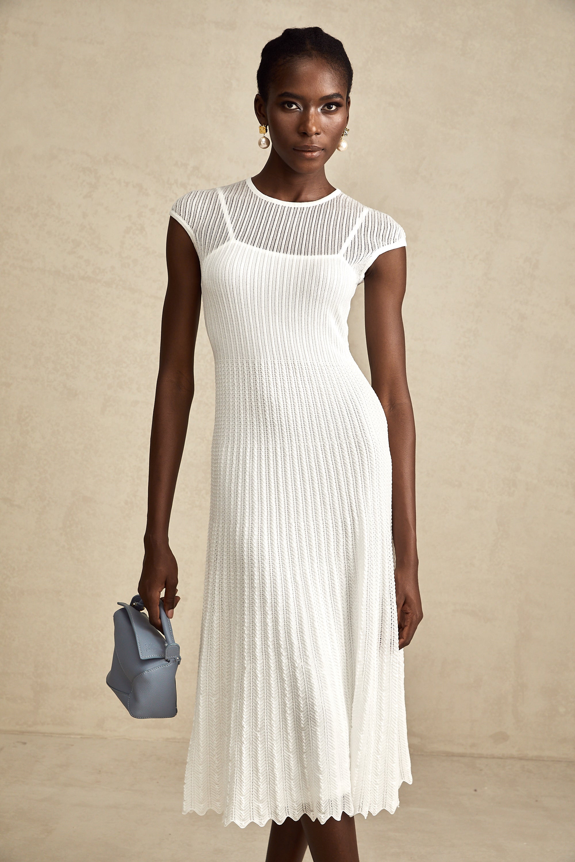 Liane white scallop-hem semi-sheer midi dress