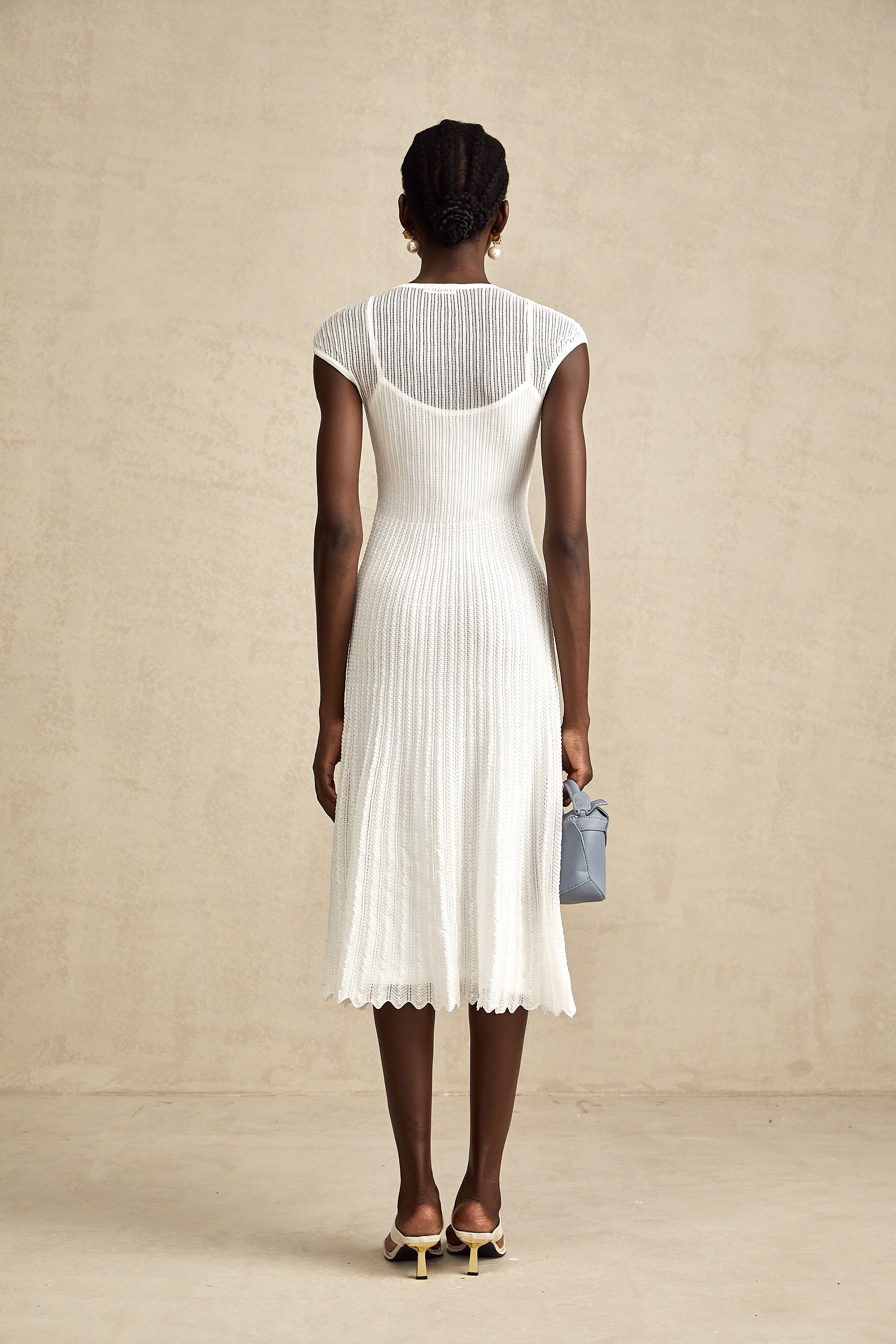 Liane white scallop-hem semi-sheer midi dress