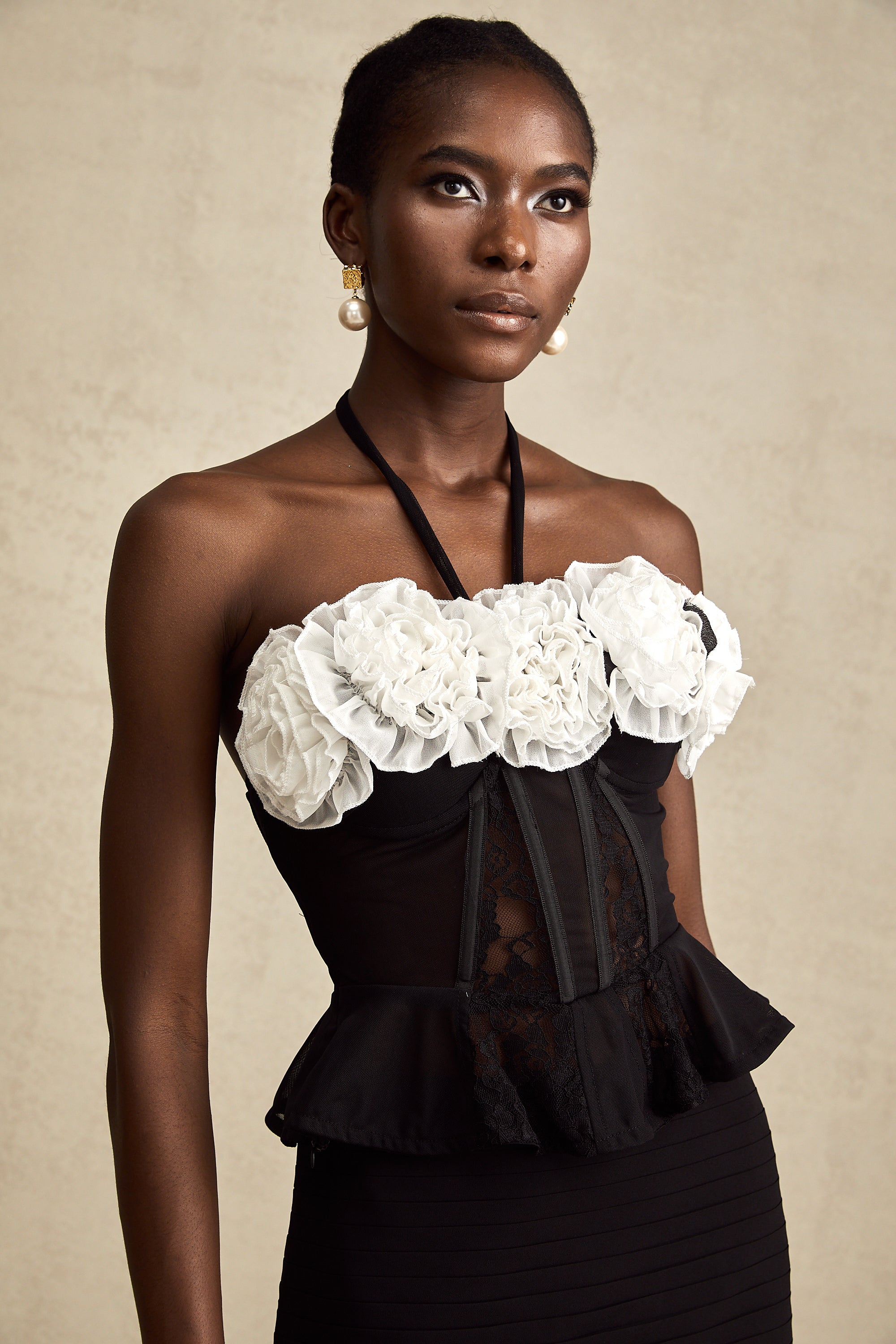 Céleste black faux-flower lace corset top