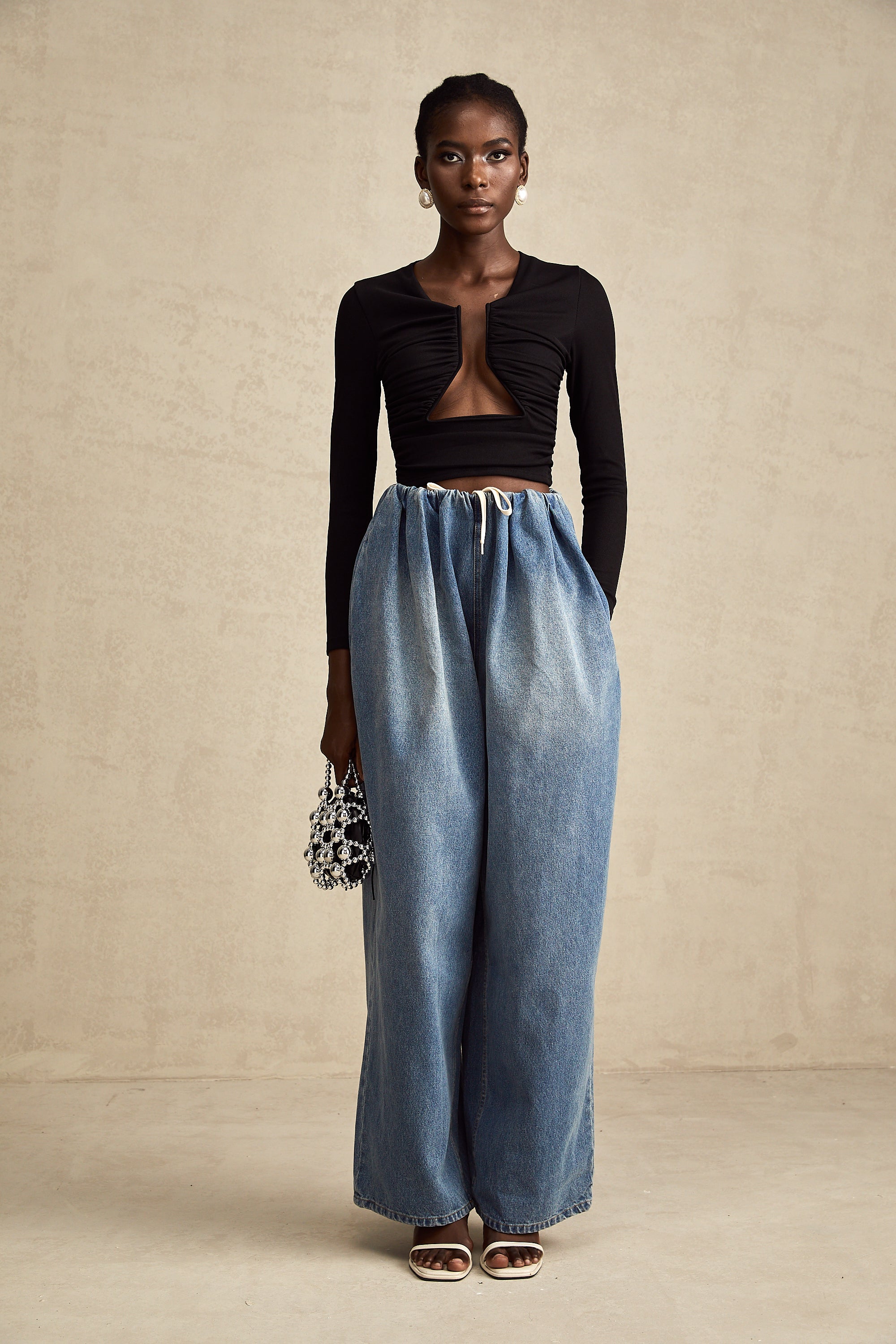 Eulalie blue pleated low-rise denim trousers