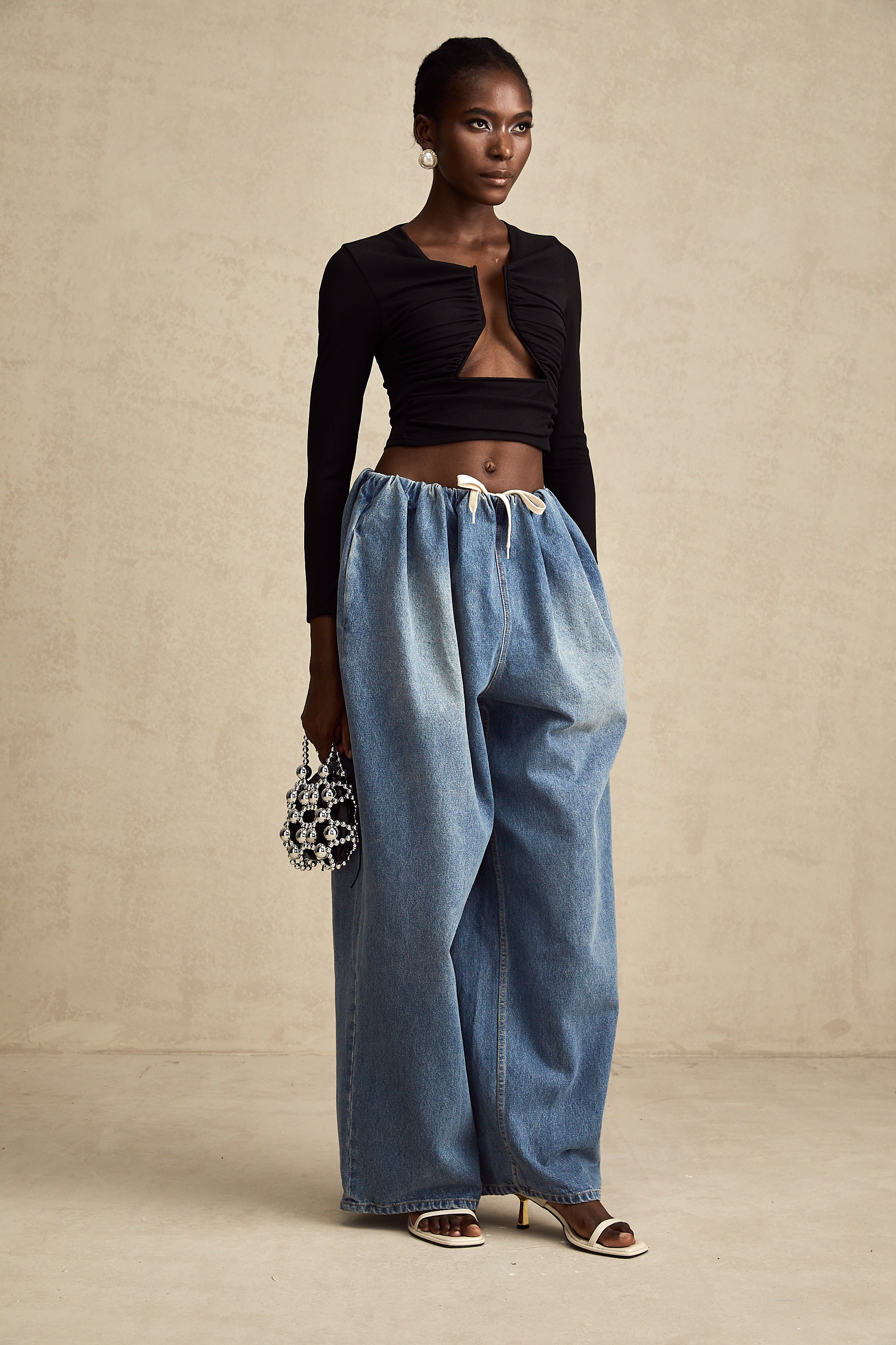 Eulalie blue pleated low-rise denim trousers