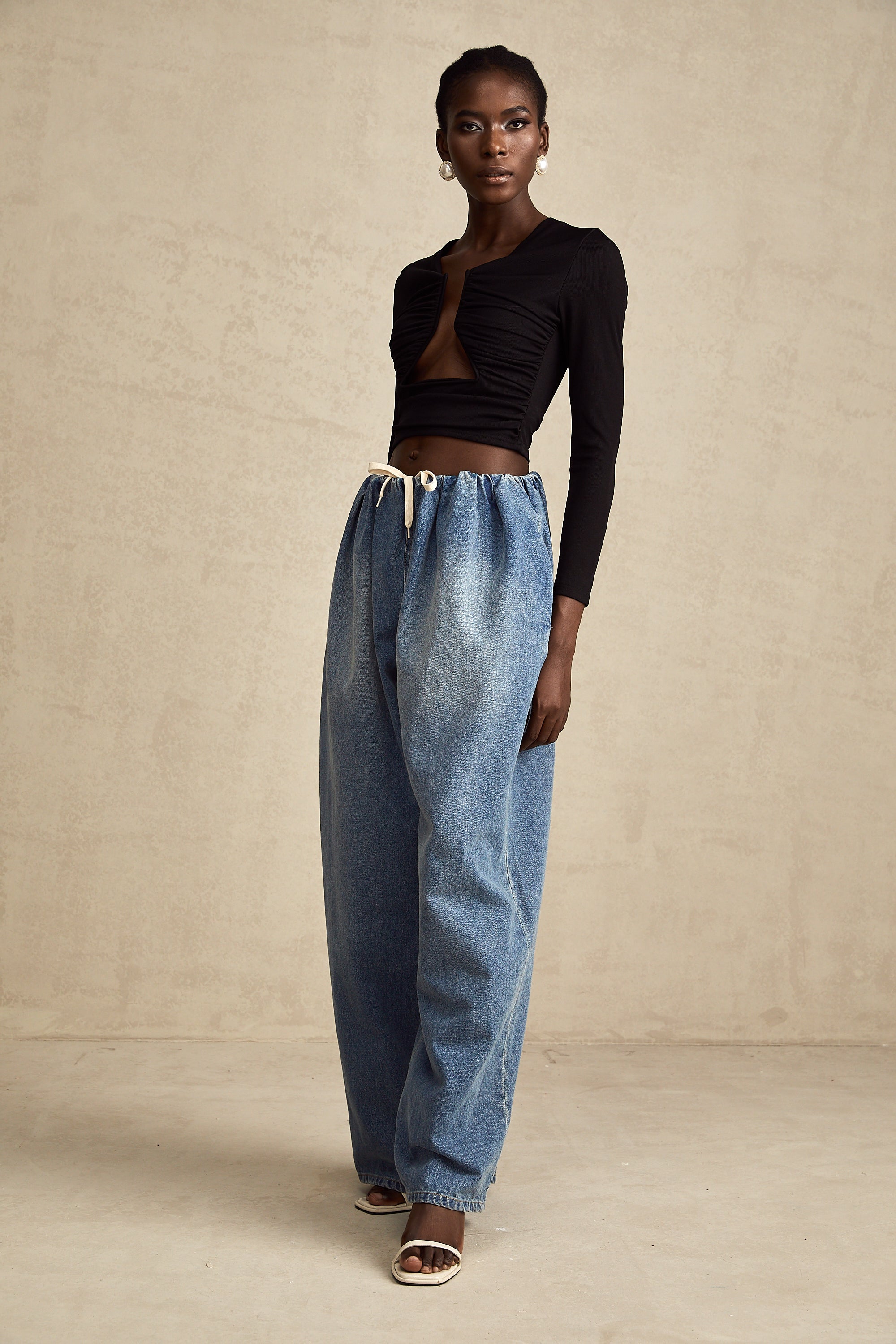 Eulalie blue pleated low-rise denim trousers