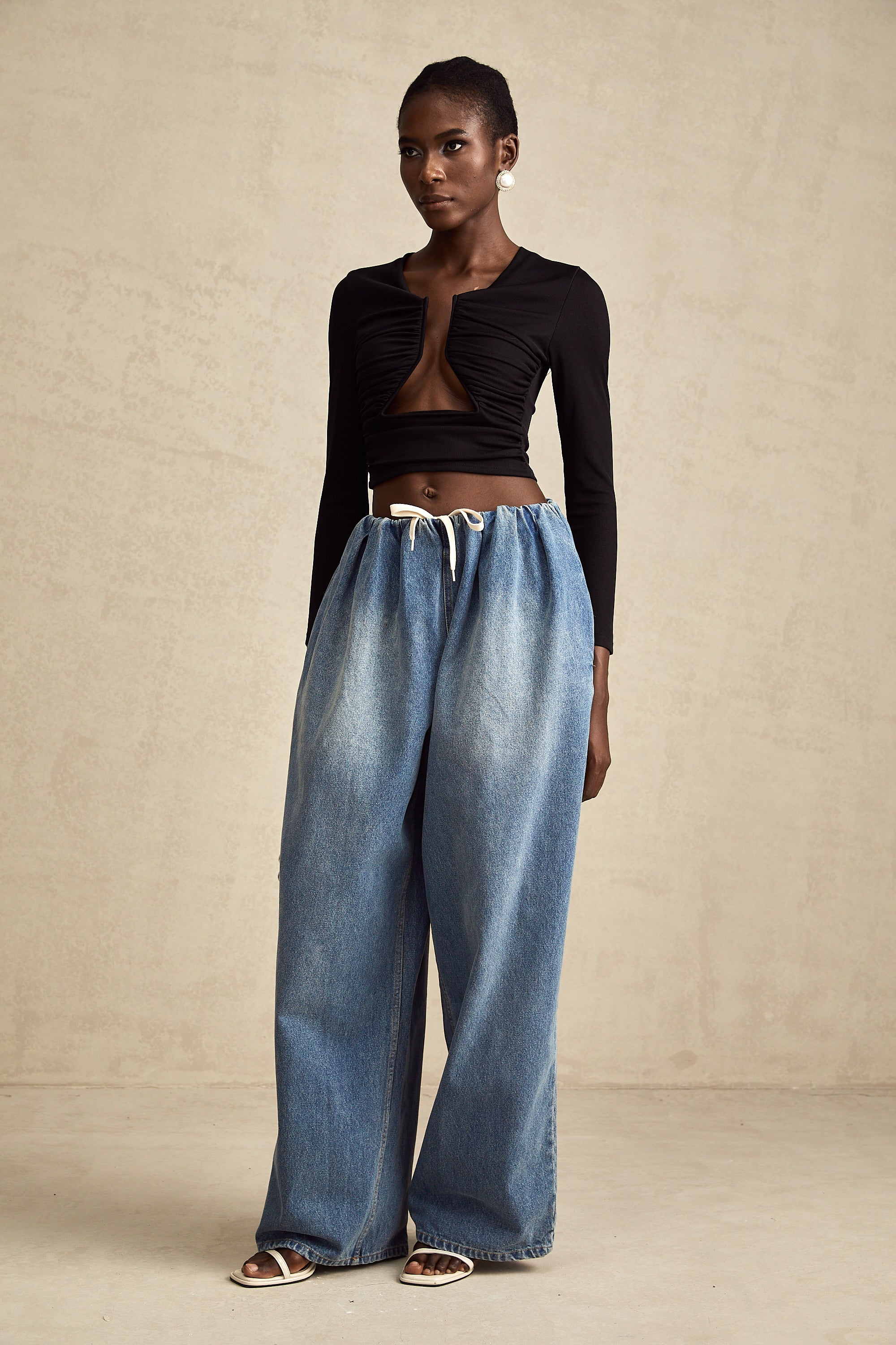 Eulalie blue pleated low-rise denim trousers