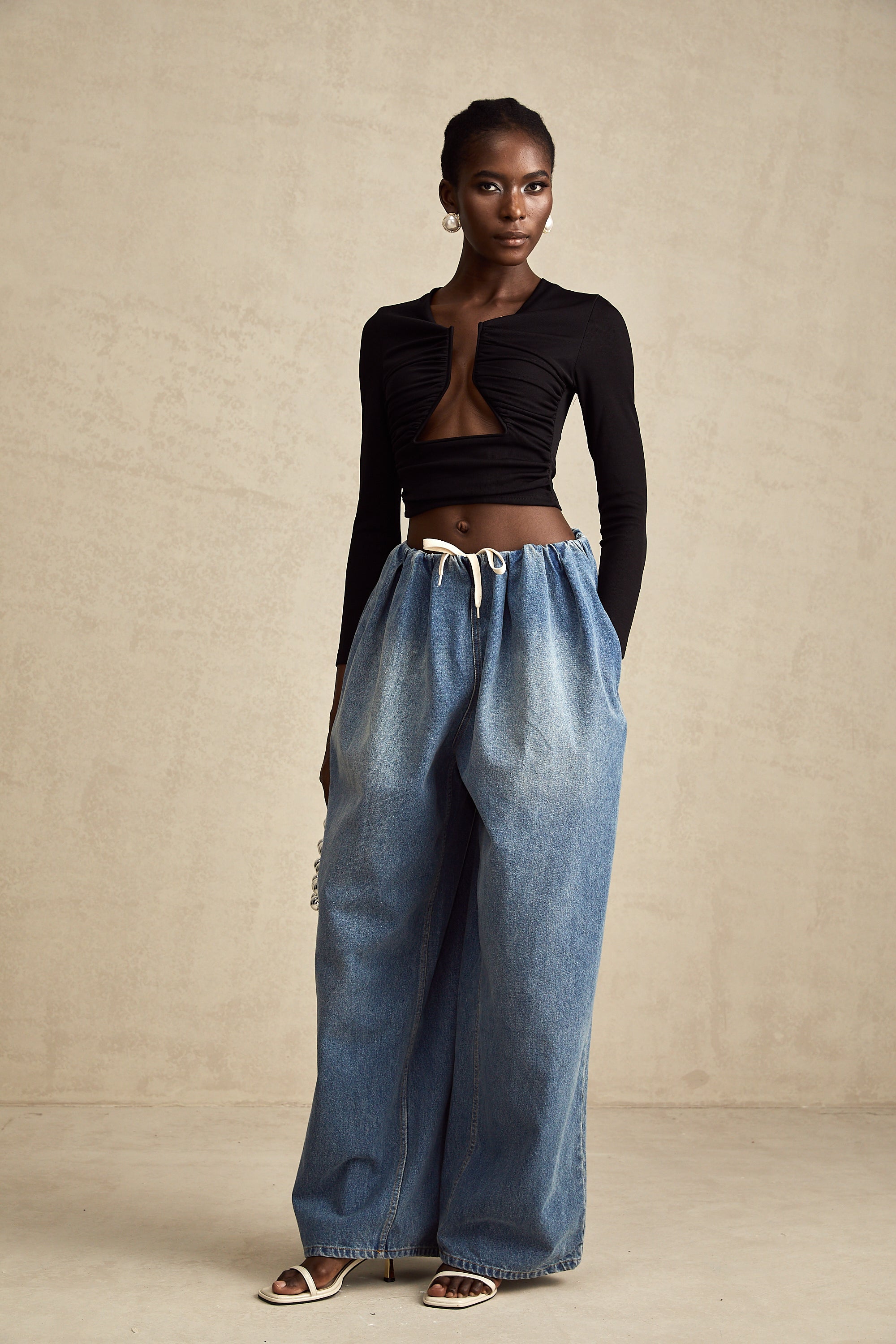 Eulalie blue pleated low-rise denim trousers