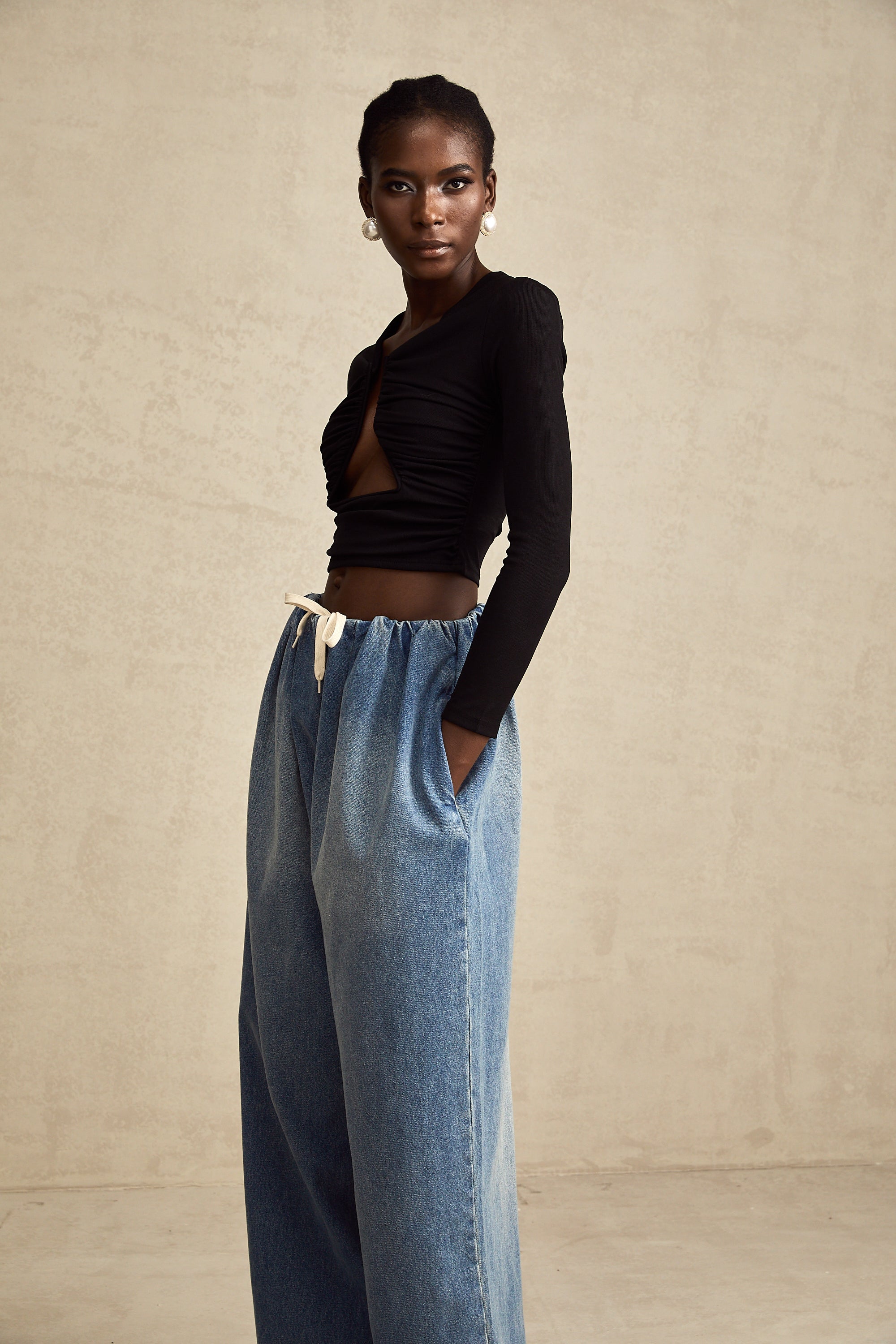 Eulalie blue pleated low-rise denim trousers