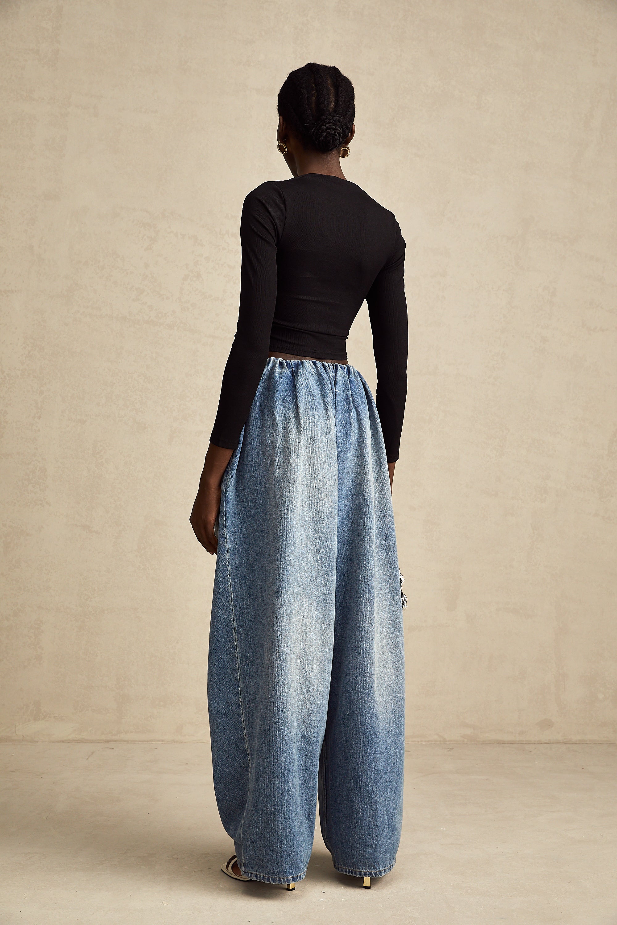 Eulalie blue pleated low-rise denim trousers