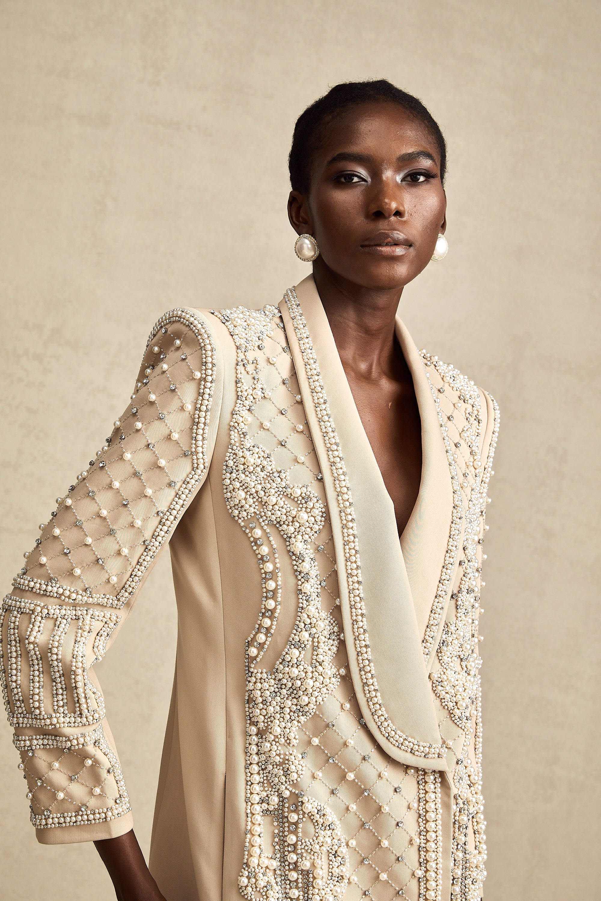 Hélène khaki shawl-lapel beaded blazer dress