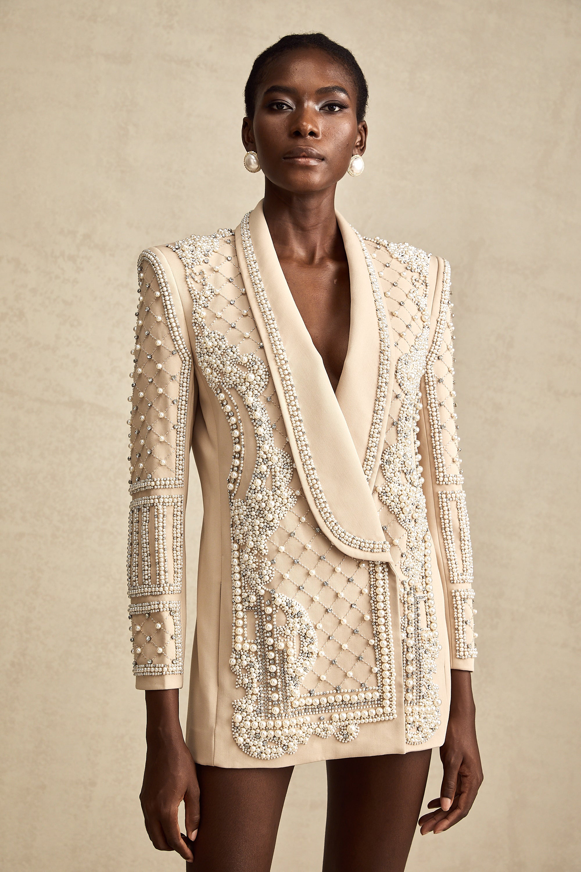 Hélène khaki shawl-lapel beaded blazer dress