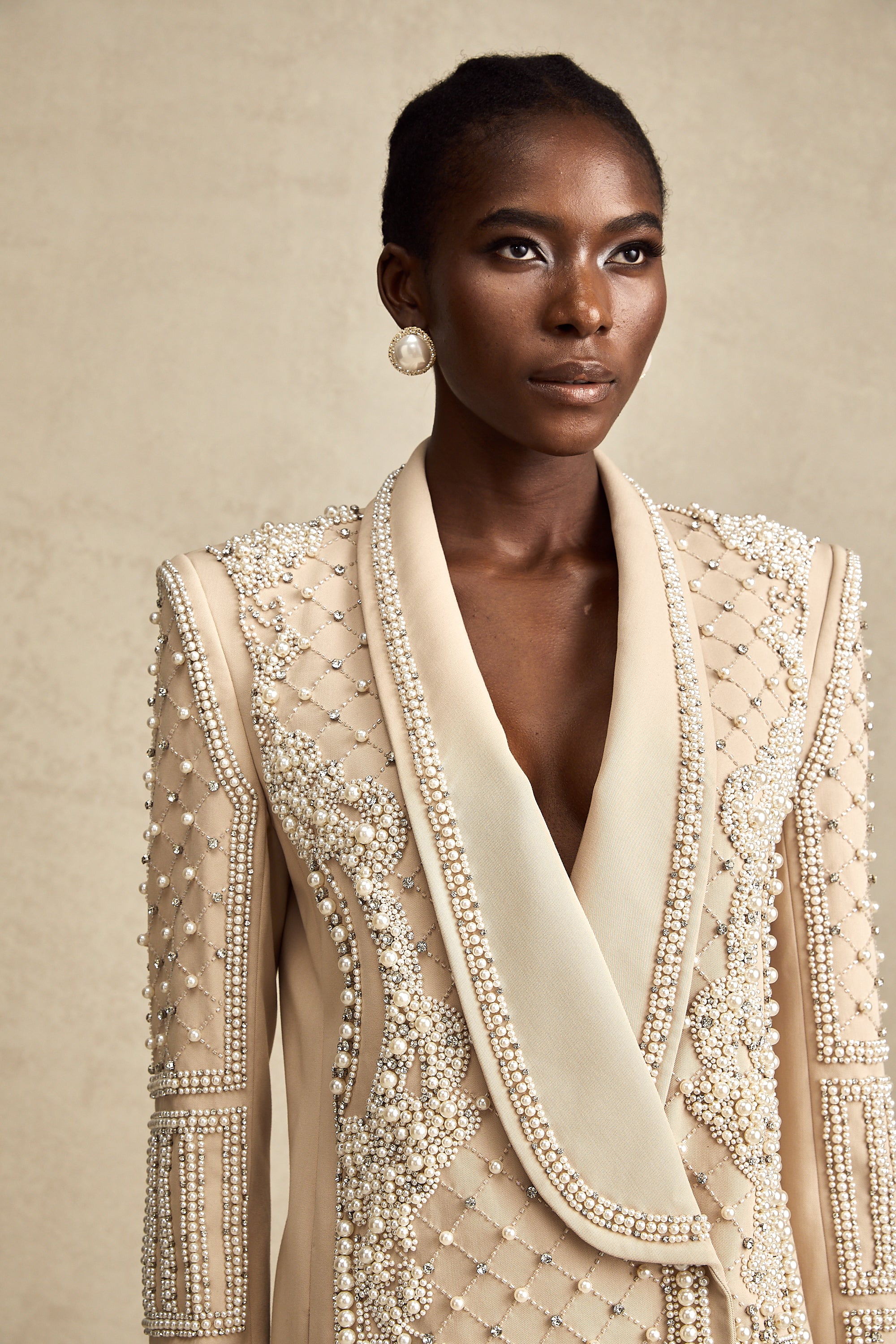 Hélène khaki shawl-lapel beaded blazer dress